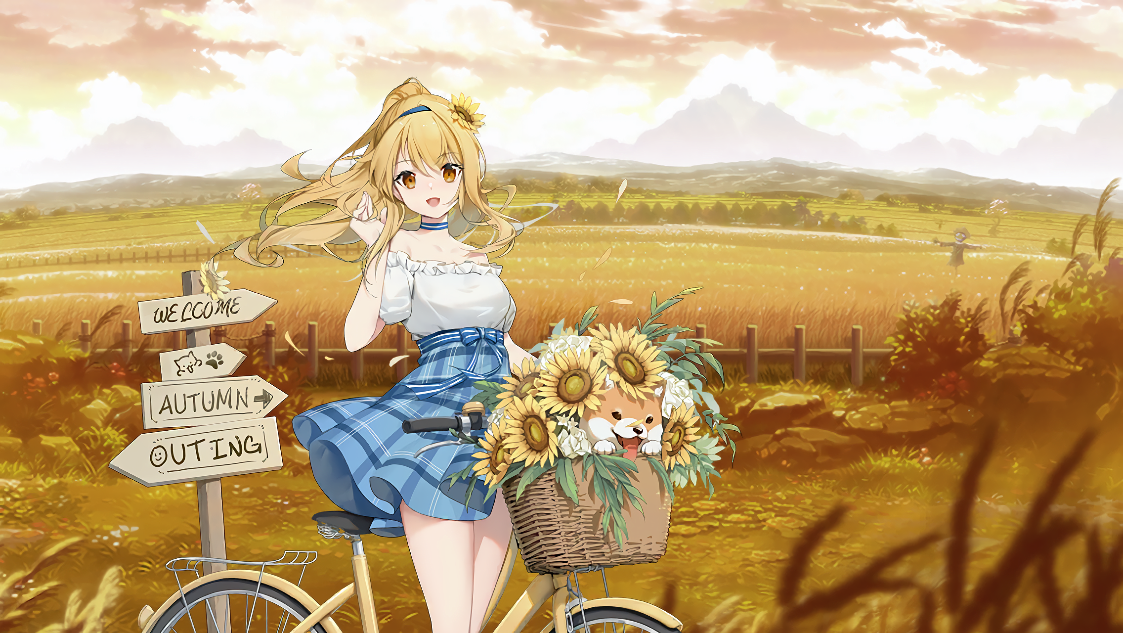 Girl with dog and sunflowers on a bicycle in autumn field HD Wallpaper