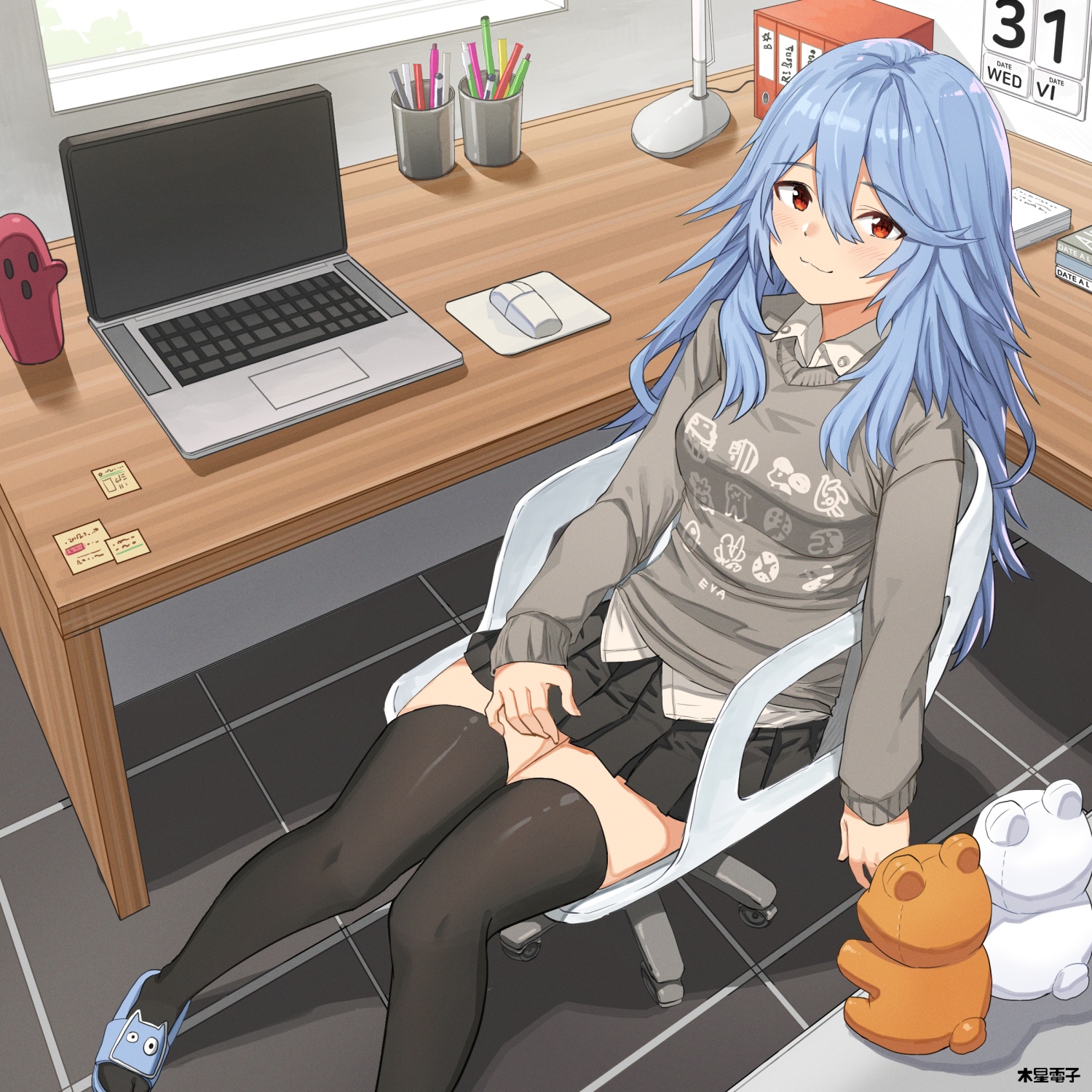 Ayanami Rei from Evangelion sitting at a desk HD Wallpaper