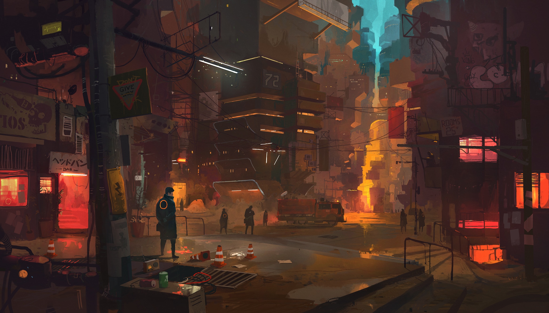 Cyberpunk cityscape with futuristic buildings and street. HD Wallpaper