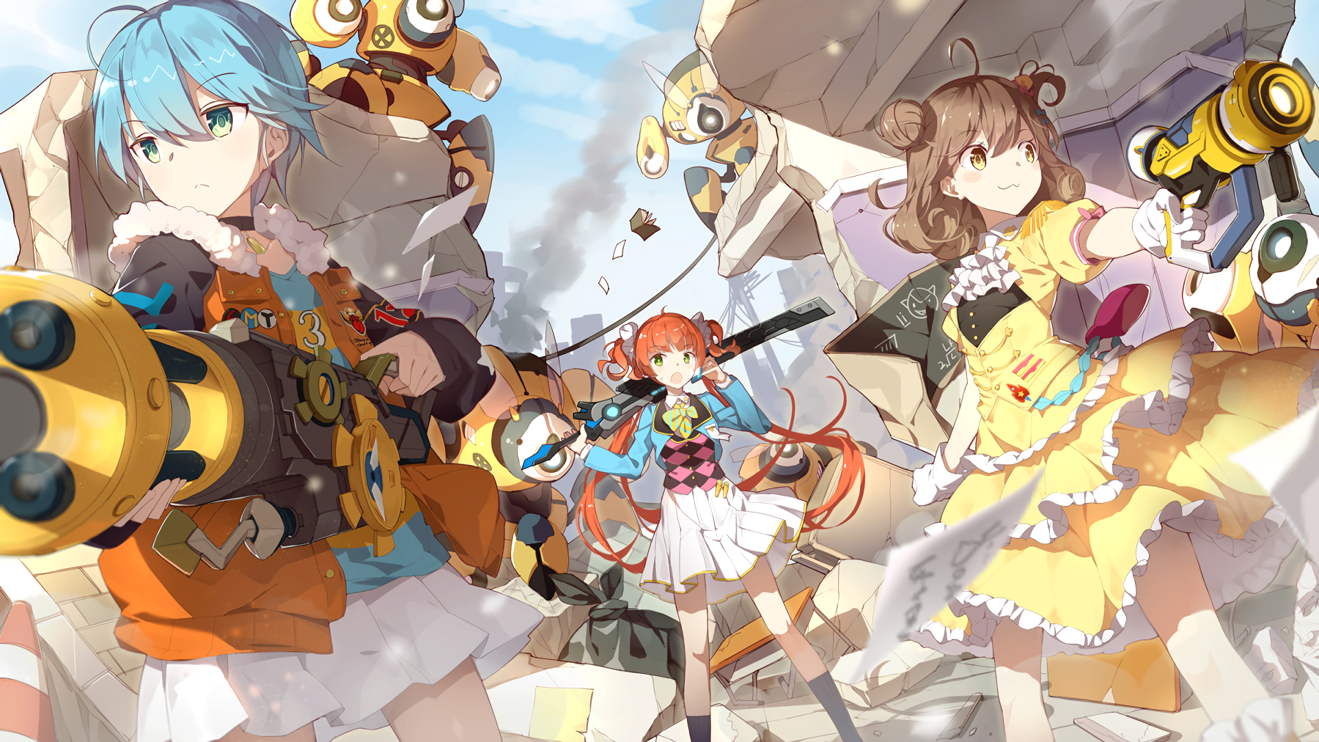 Anime girls with weapons and robots in ruins HD Wallpaper
