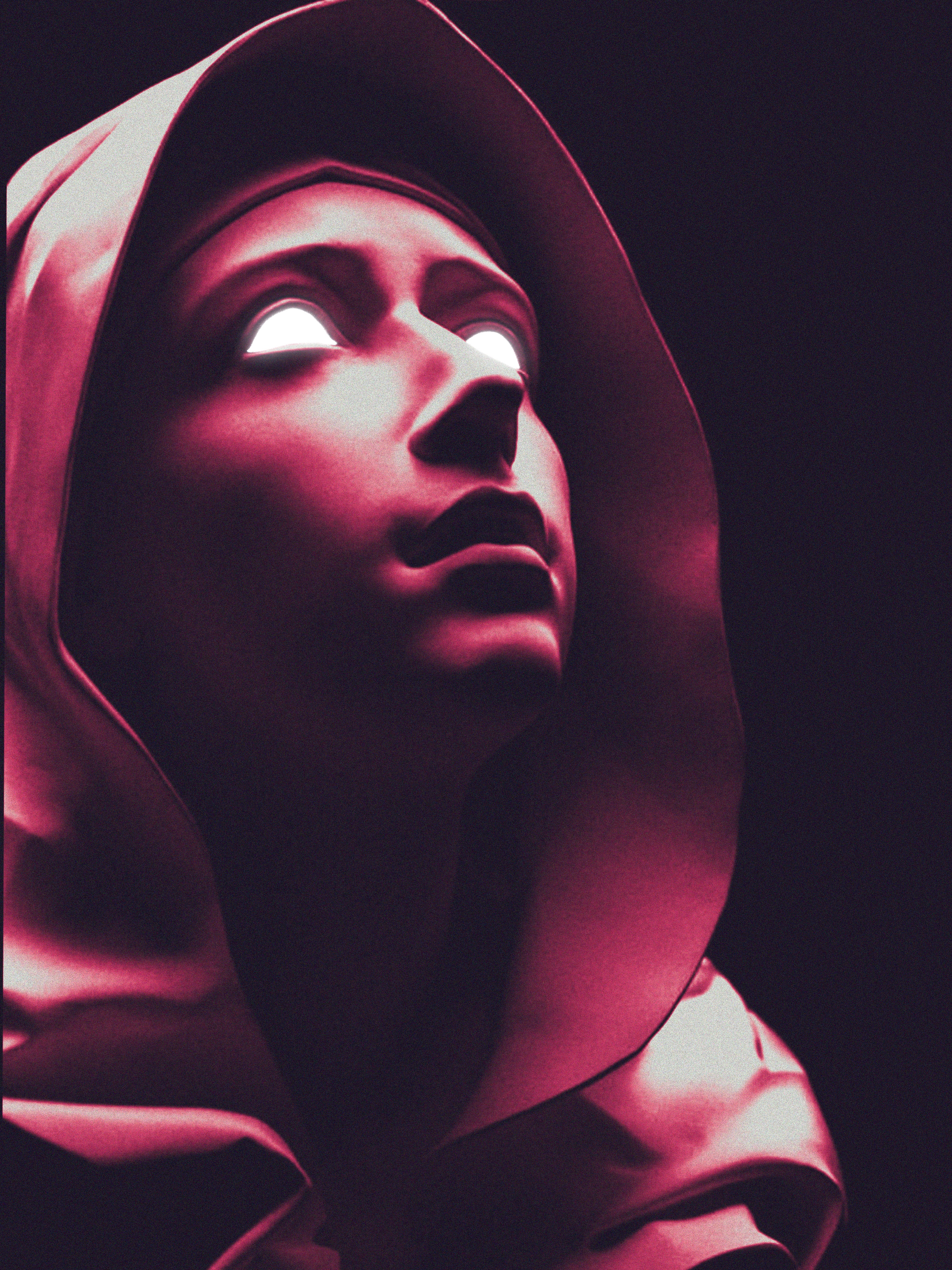 Digital art of a hooded figure with glowing eyes HD Phone Wallpaper