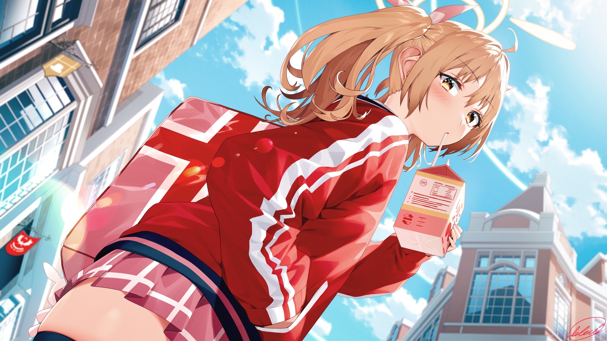 Anime girl with blonde hair drinking from a carton HD Wallpaper