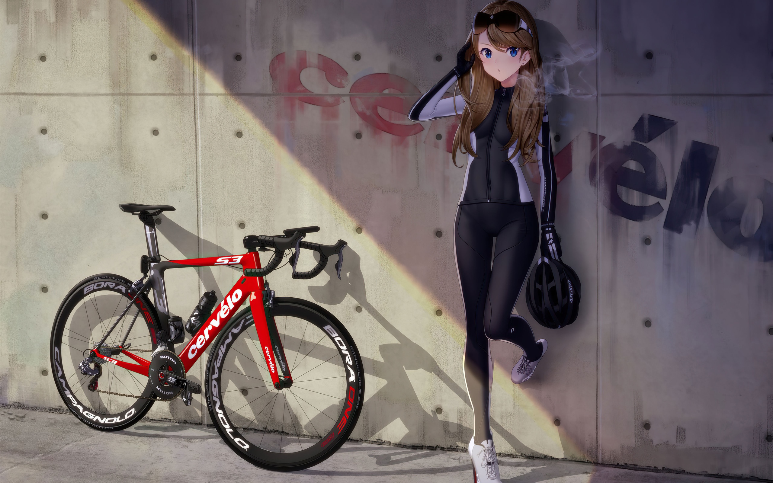 Anime girl in cycling gear with Cervelo bicycle HD Wallpaper