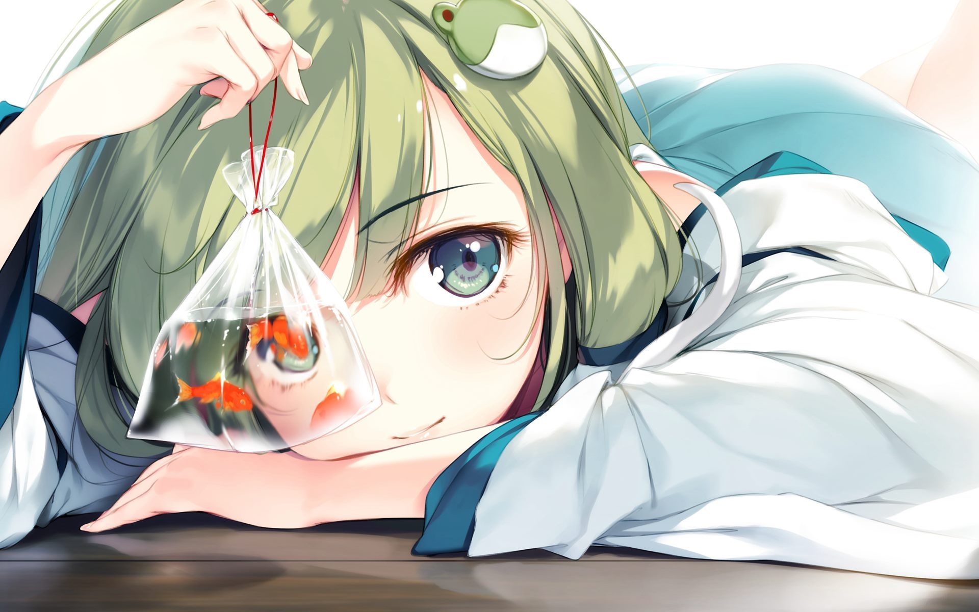 Kochiya Sanae holding a bag of goldfish HD Wallpaper