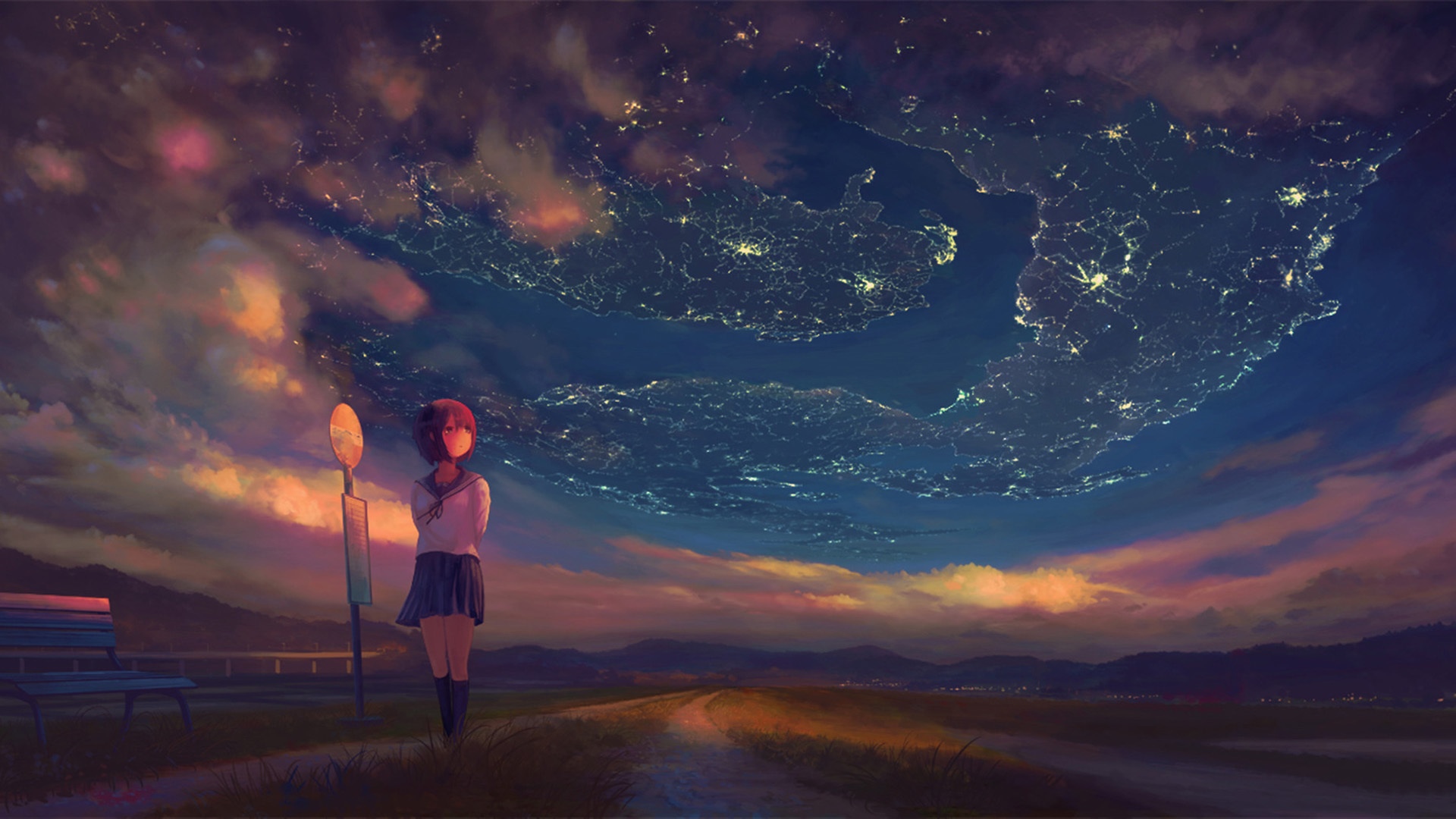 Schoolgirl at a bus stop with city lights in the sky HD Wallpaper