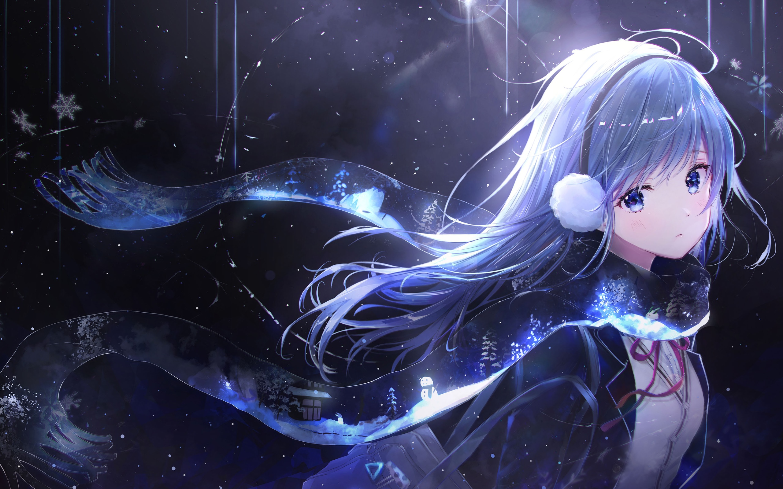 Anime girl with blue hair and blue eyes wearing a scarf HD Wallpaper