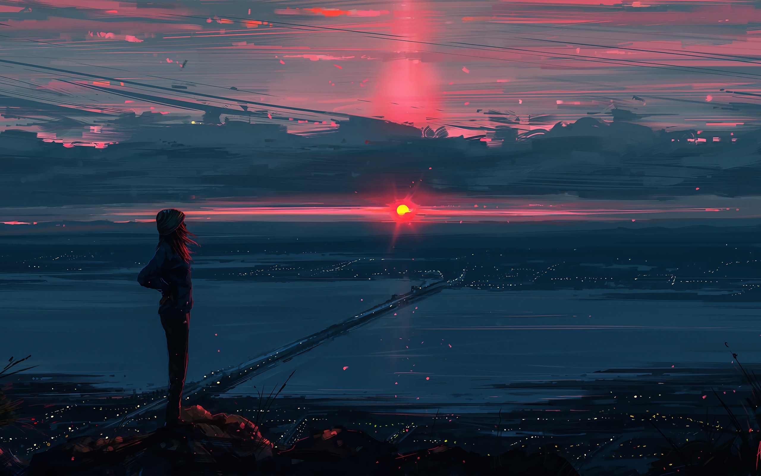 Anime girl watching a vibrant sunset over a city HD Wallpaper