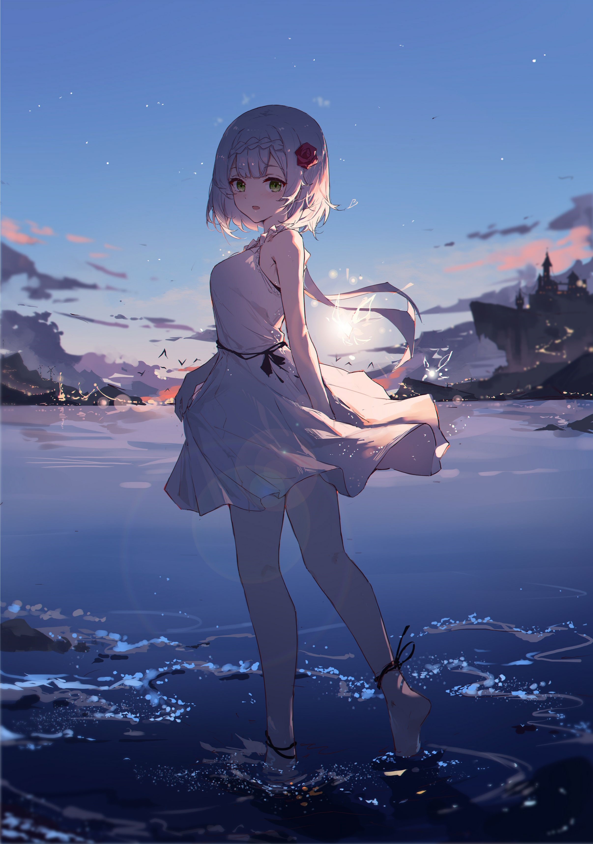 Anime girl with flower in hair by the water HD Phone Wallpaper