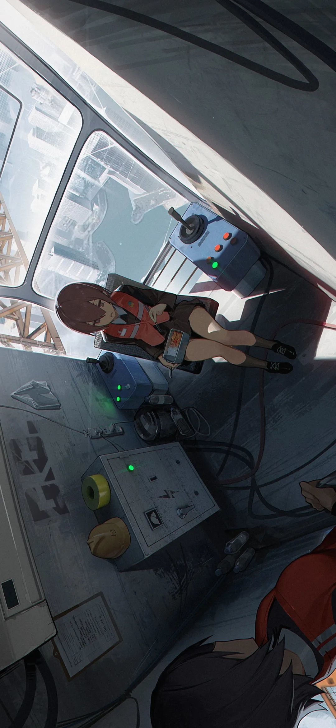 Two women in a control room with city view HD Phone Wallpaper