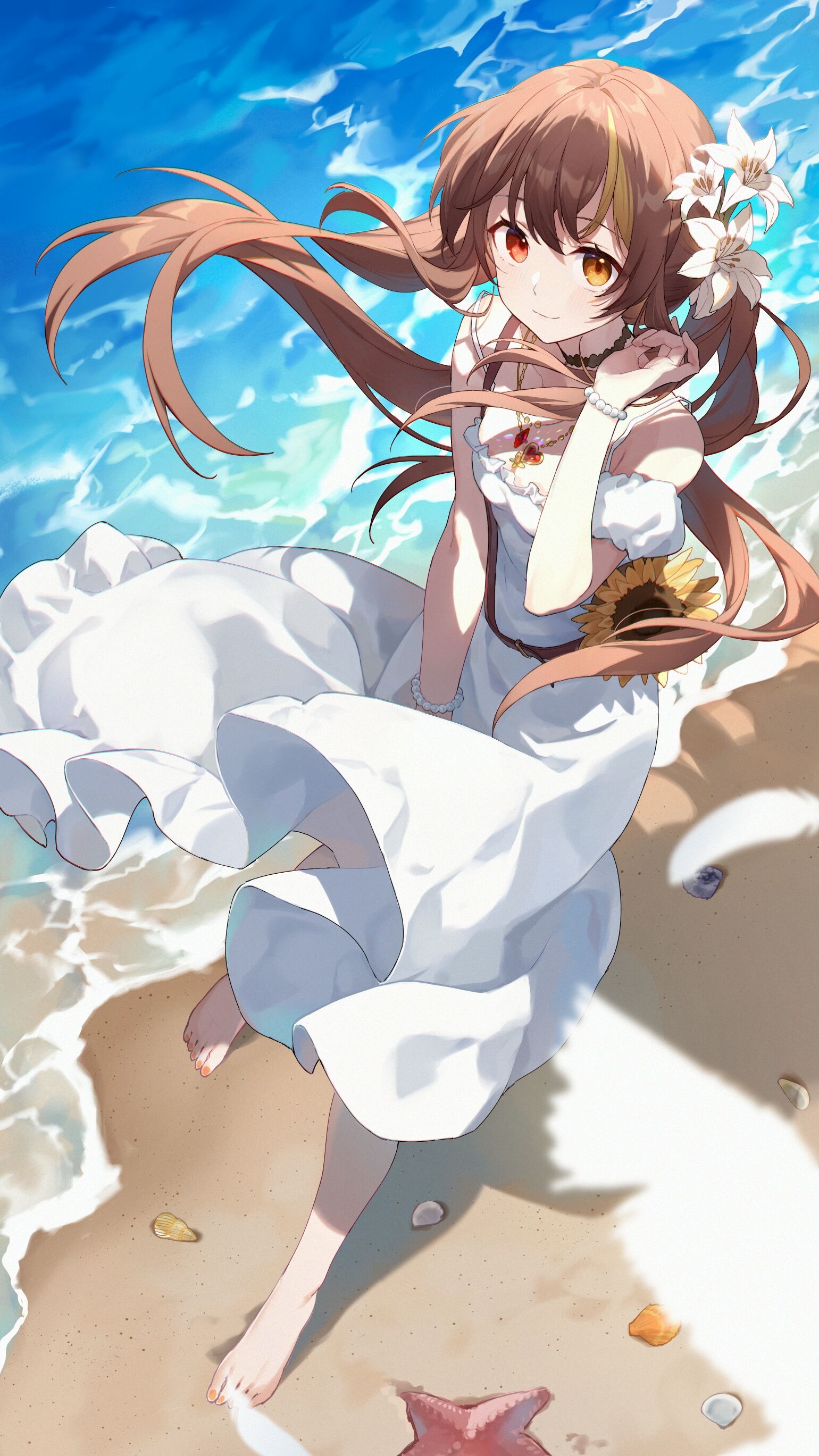 Anime girl with flowers in her hair on a beach HD Phone Wallpaper