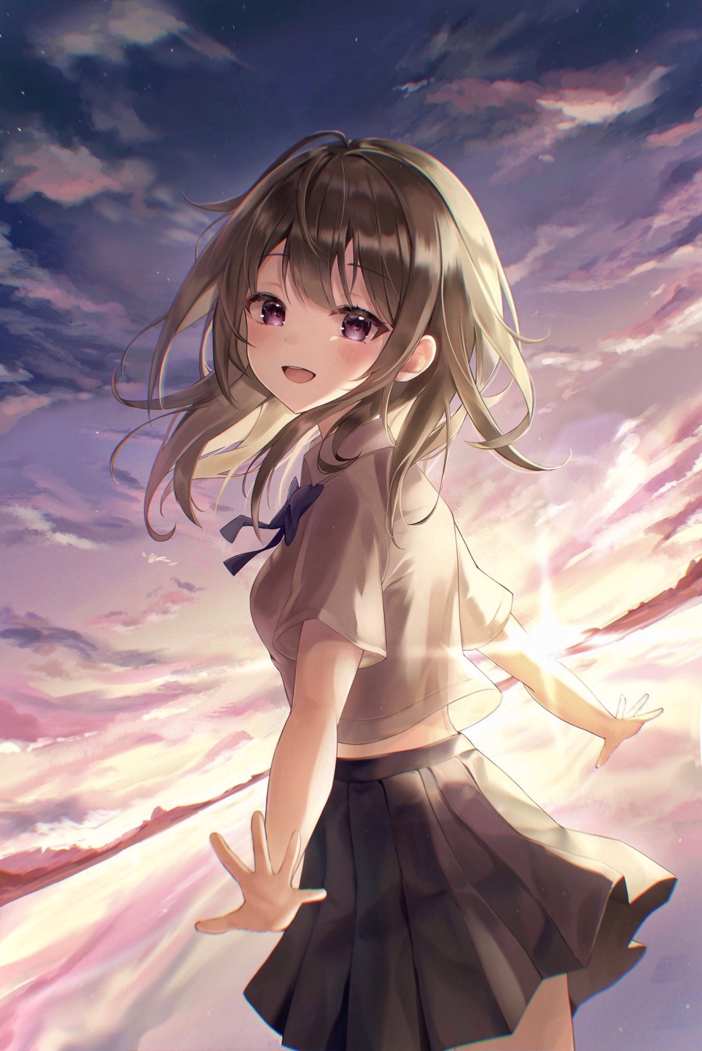Anime schoolgirl with purple eyes and brown hair HD Phone Wallpaper