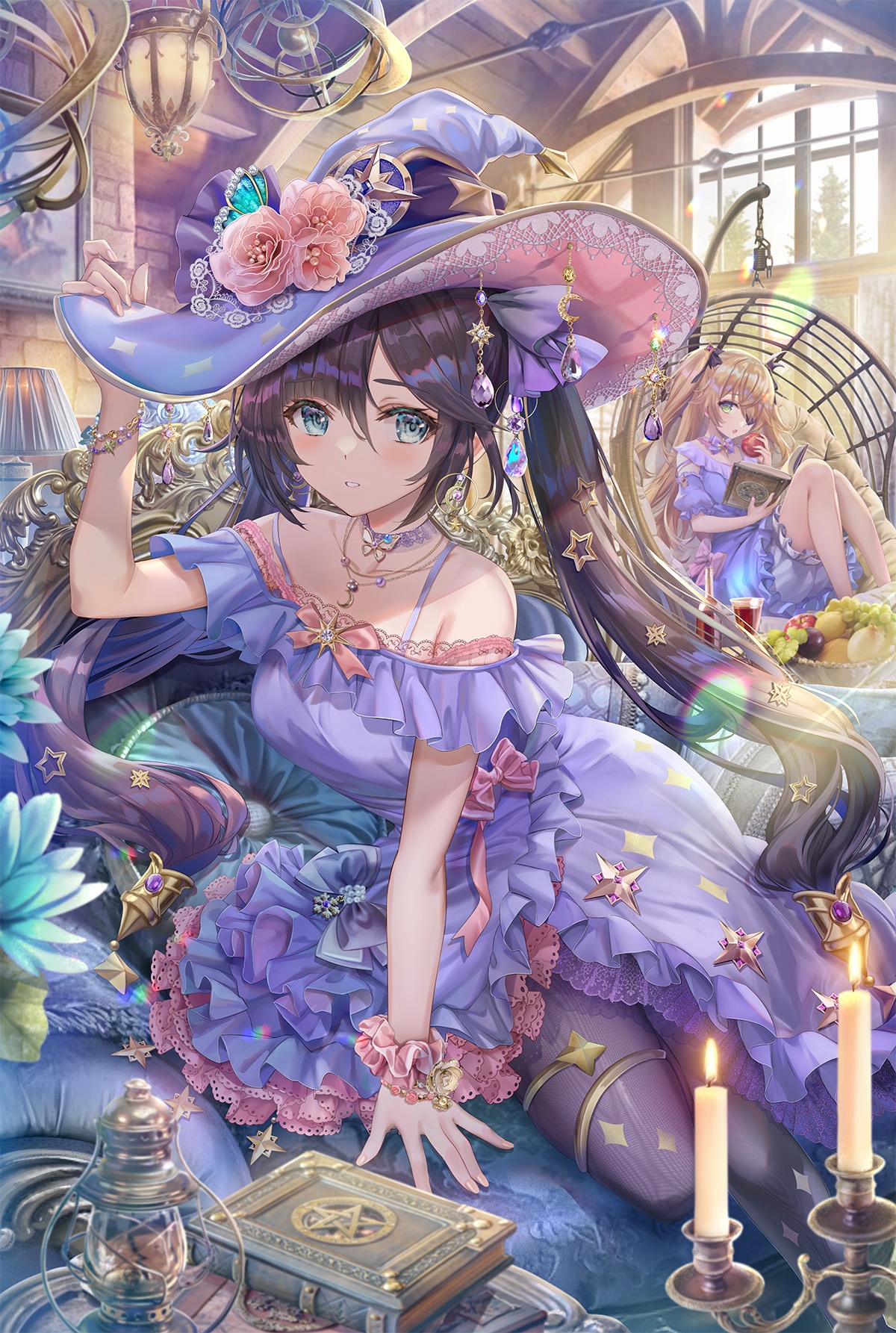 Mona and Fischl from Genshin Impact in a magical room HD Phone Wallpaper