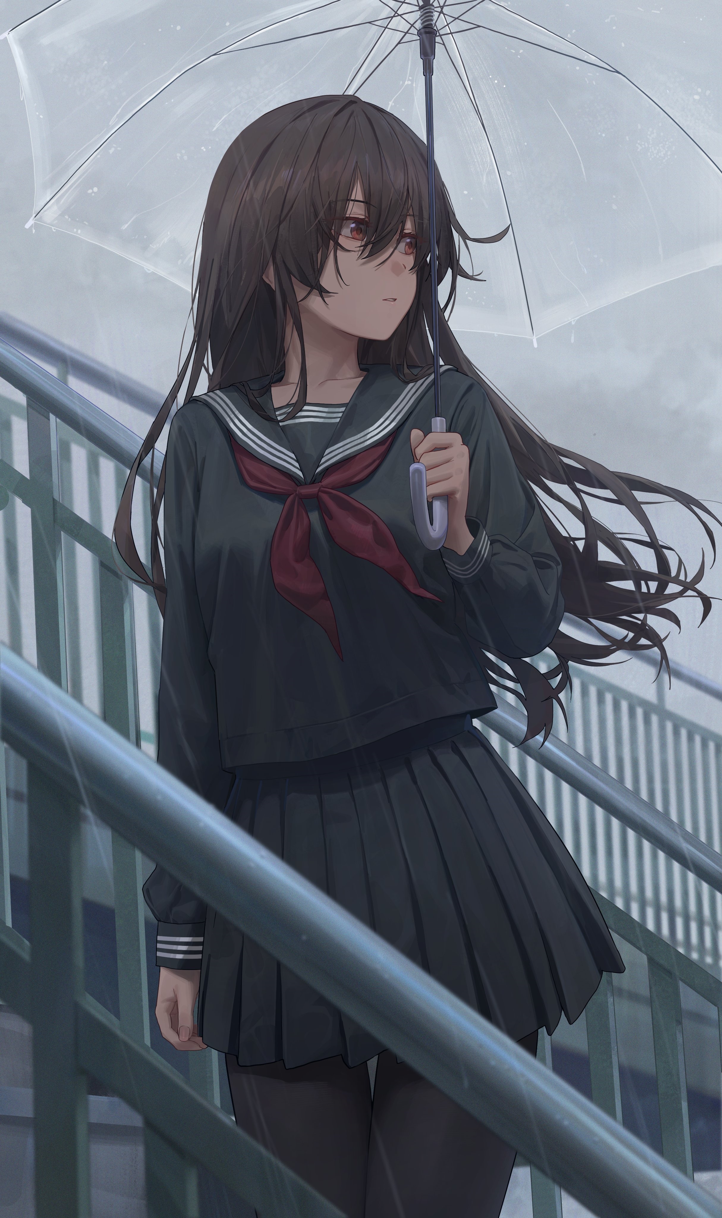 Schoolgirl with umbrella in the rain HD Phone Wallpaper