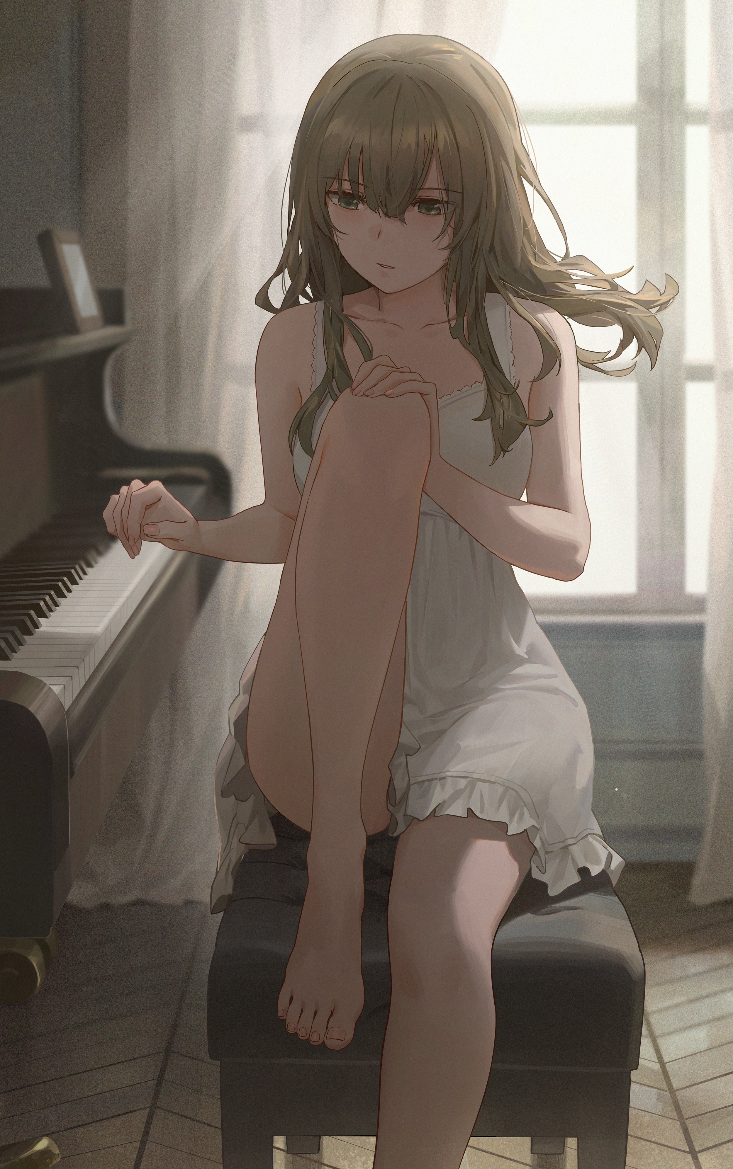 Anime girl in a dress sitting by a piano HD Phone Wallpaper
