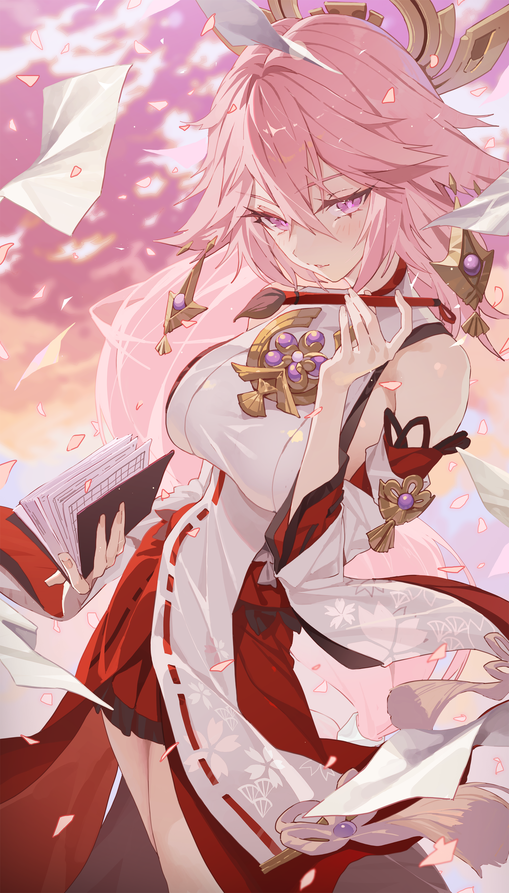 Yae Miko from Genshin Impact with pink hair and purple eyes HD Phone Wallpaper