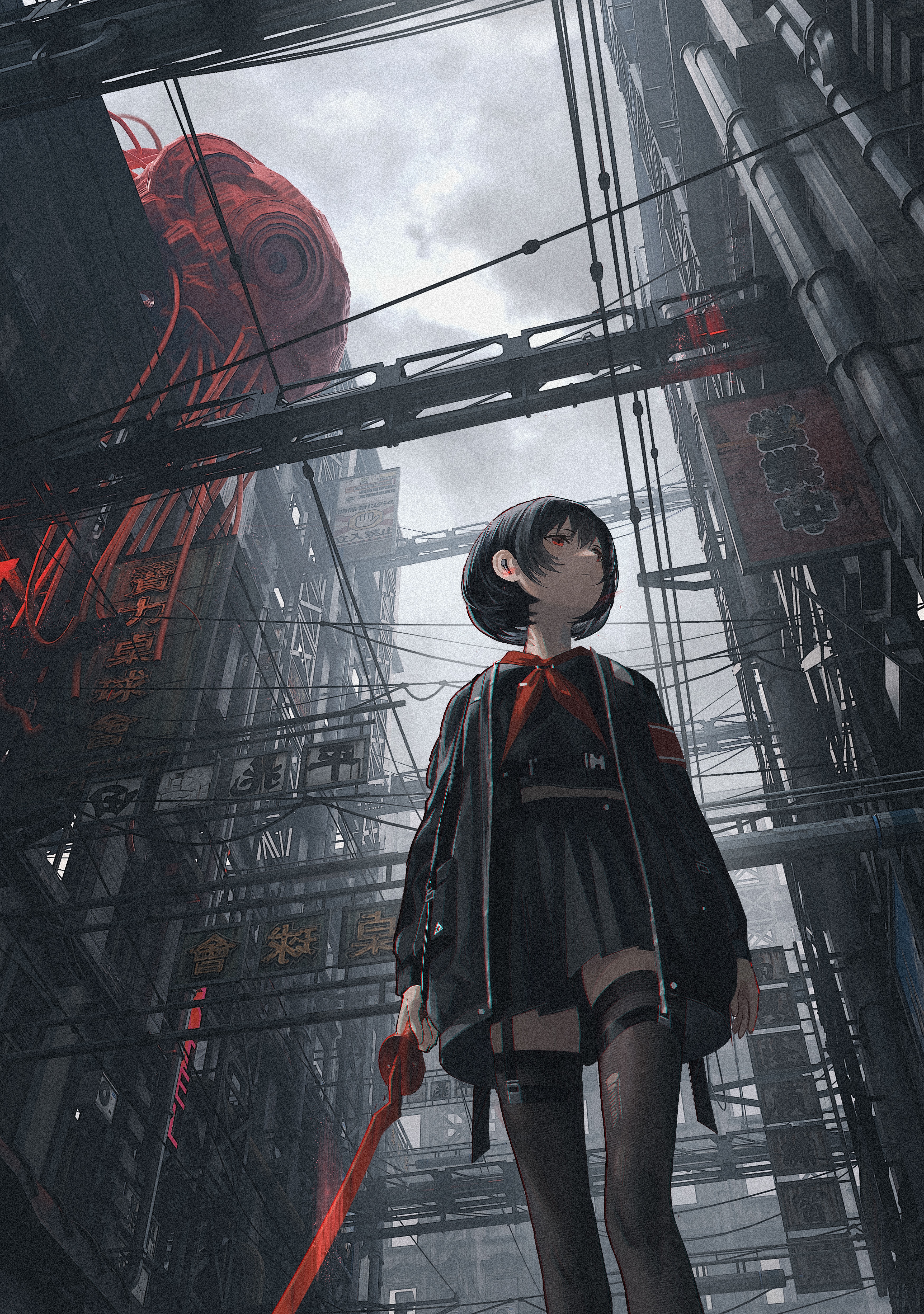Girl with red sword in cyberpunk city HD Phone Wallpaper