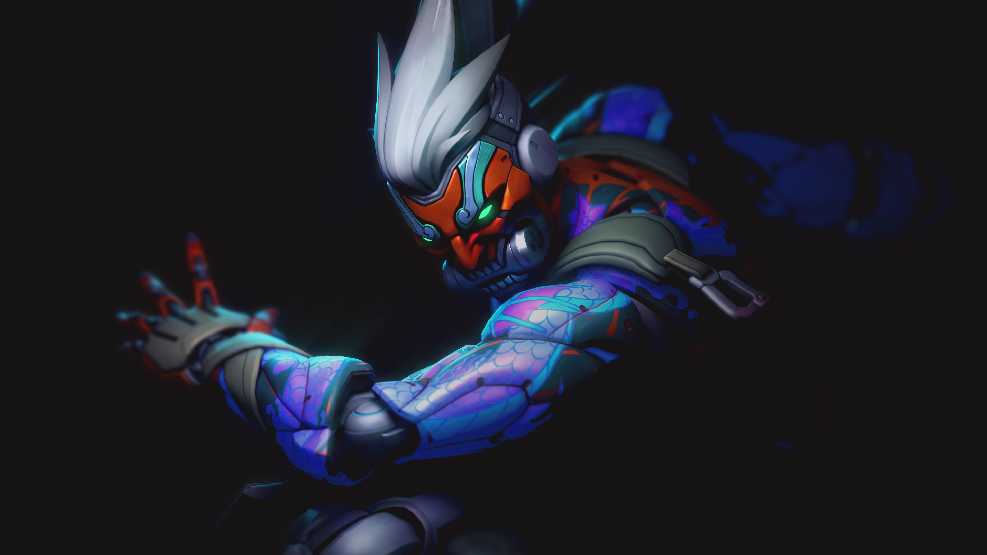 Genji from Overwatch with Oni Mask and Dragon Tattoo HD Wallpaper