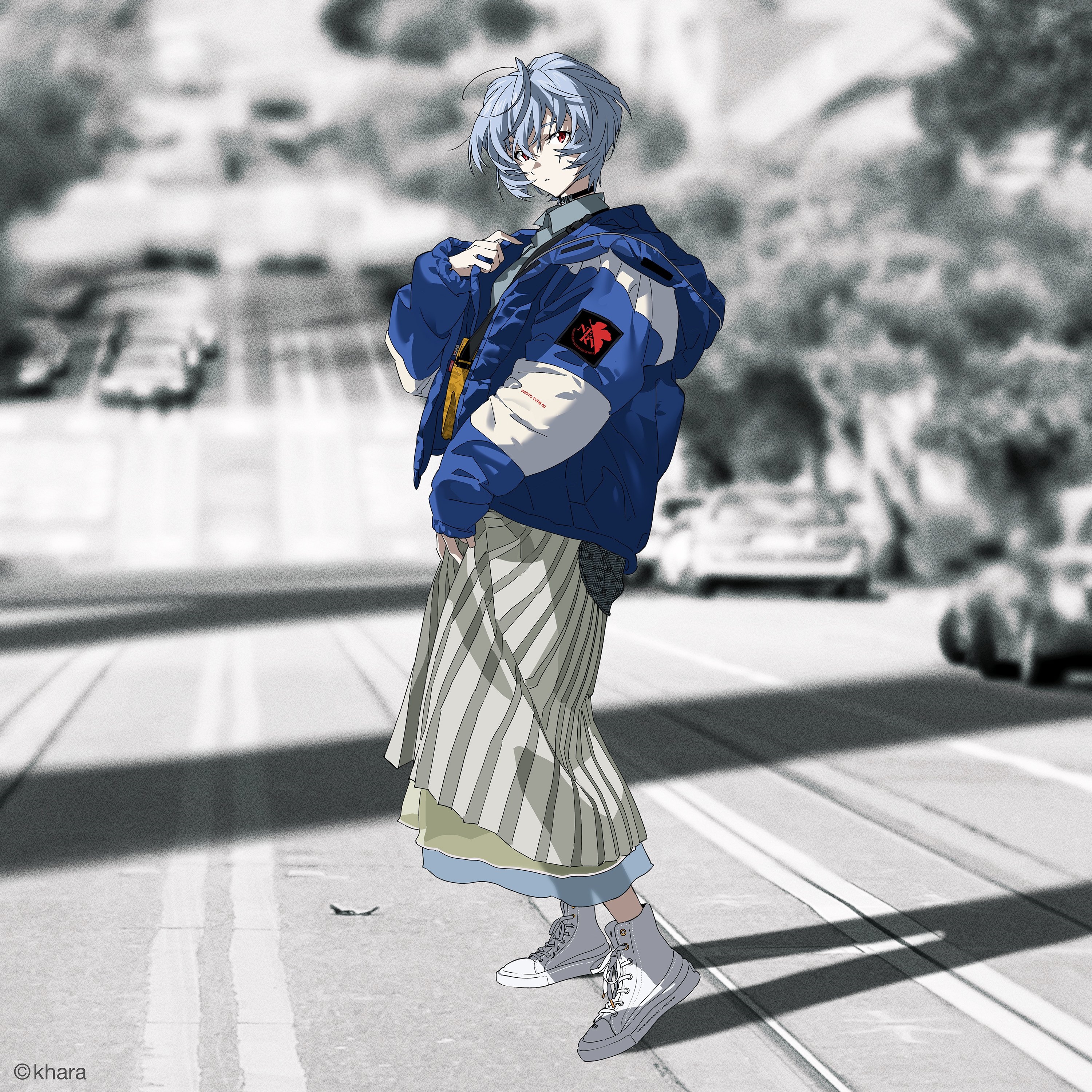 Rei Ayanami in a Blue Jacket on a City Street HD Wallpaper