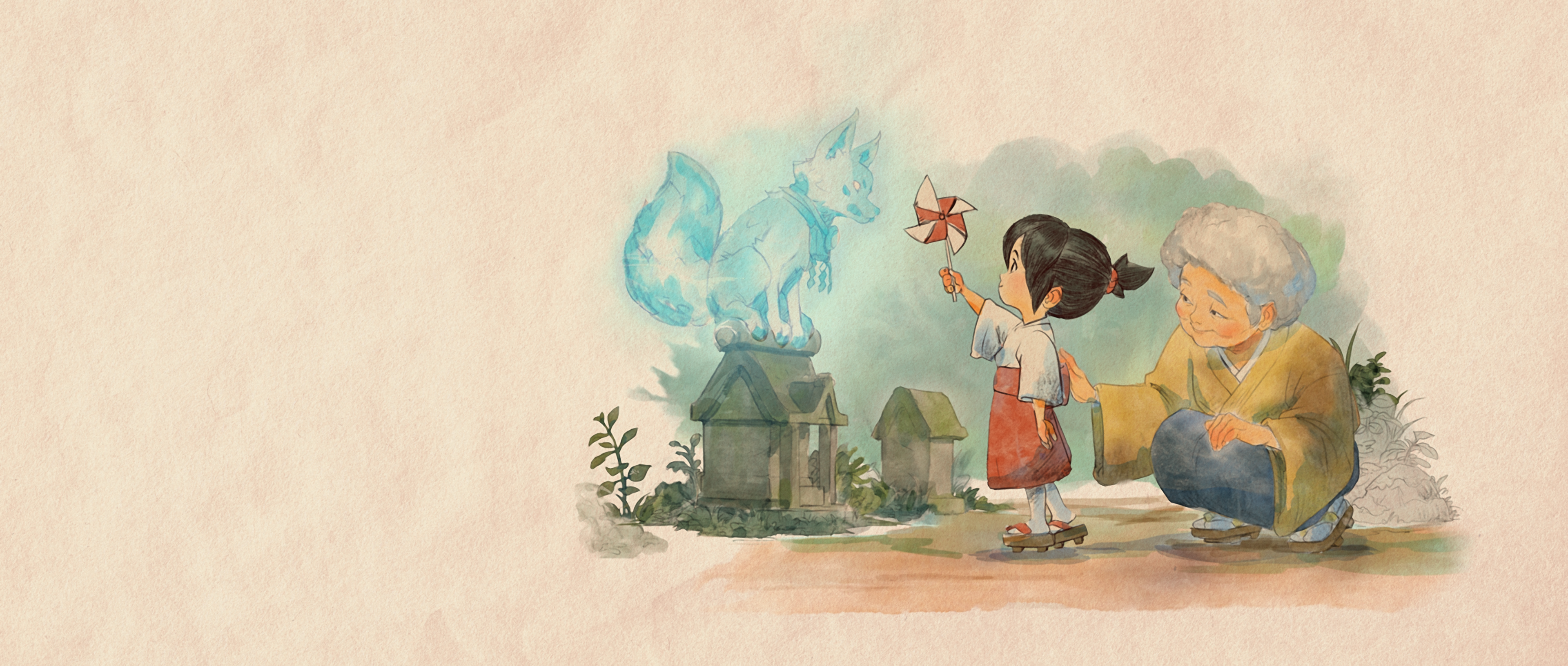Spirit Fox and Girl with Pinwheel HD Wallpaper