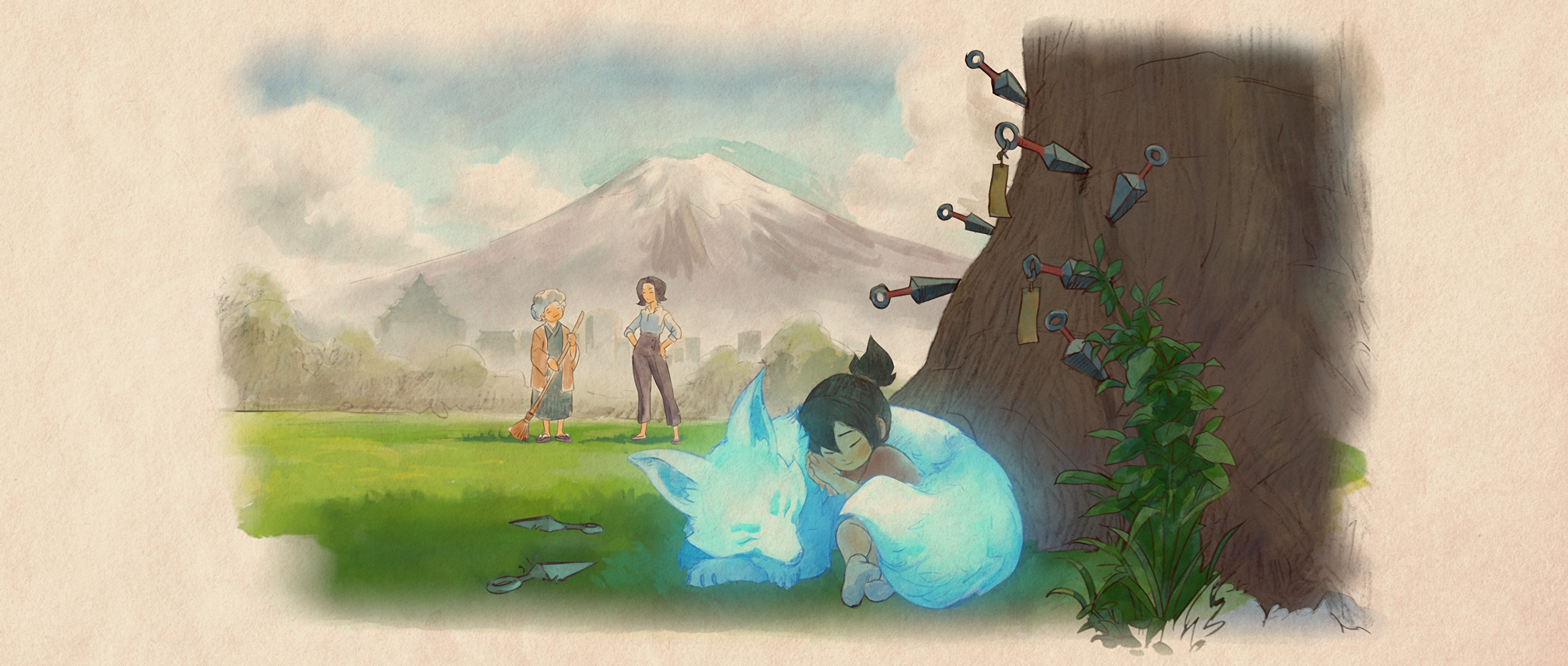 Kiriko and Spirit Fox sleeping under a tree with kunai HD Wallpaper