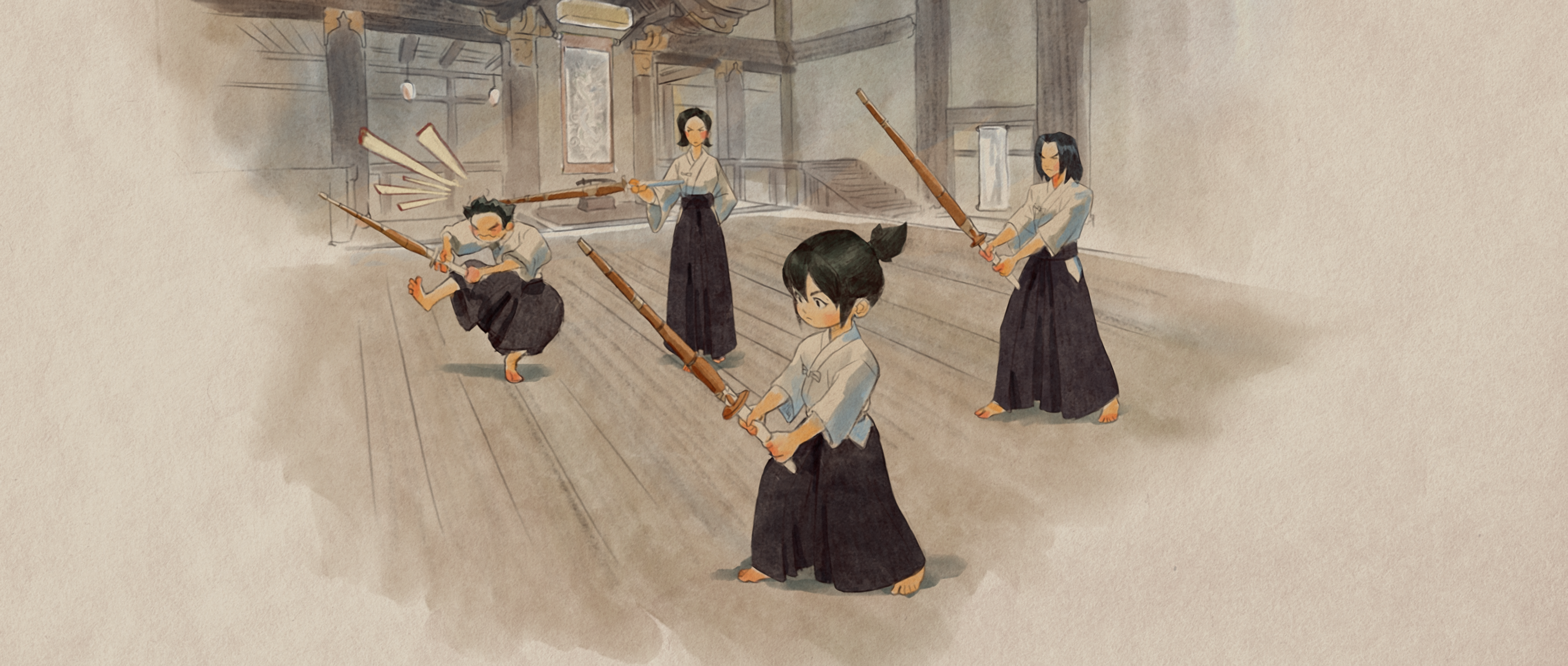 Four people practicing with wooden swords in a dojo HD Wallpaper