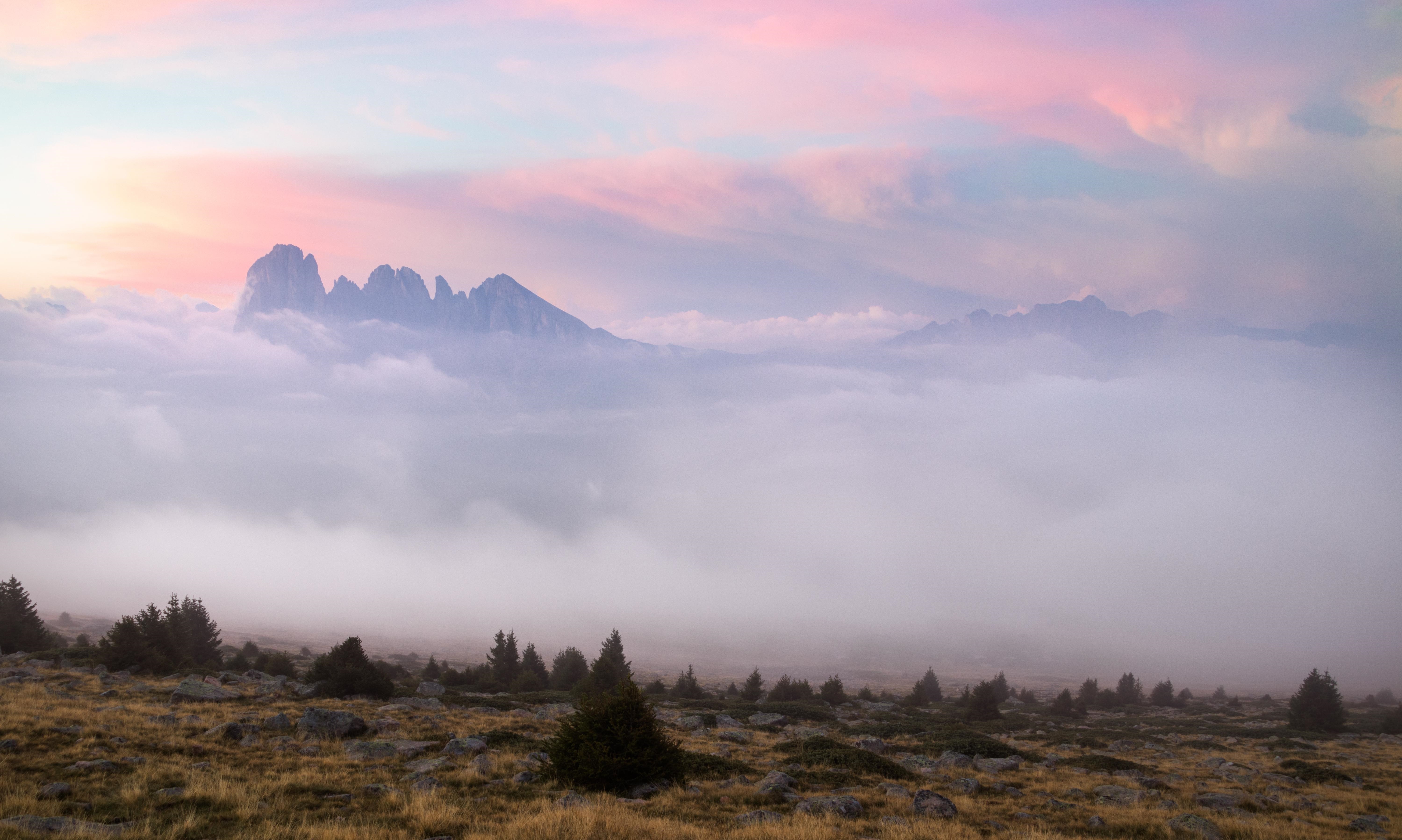 4K Dolomites mountains at sunset with mist HD Wallpaper
