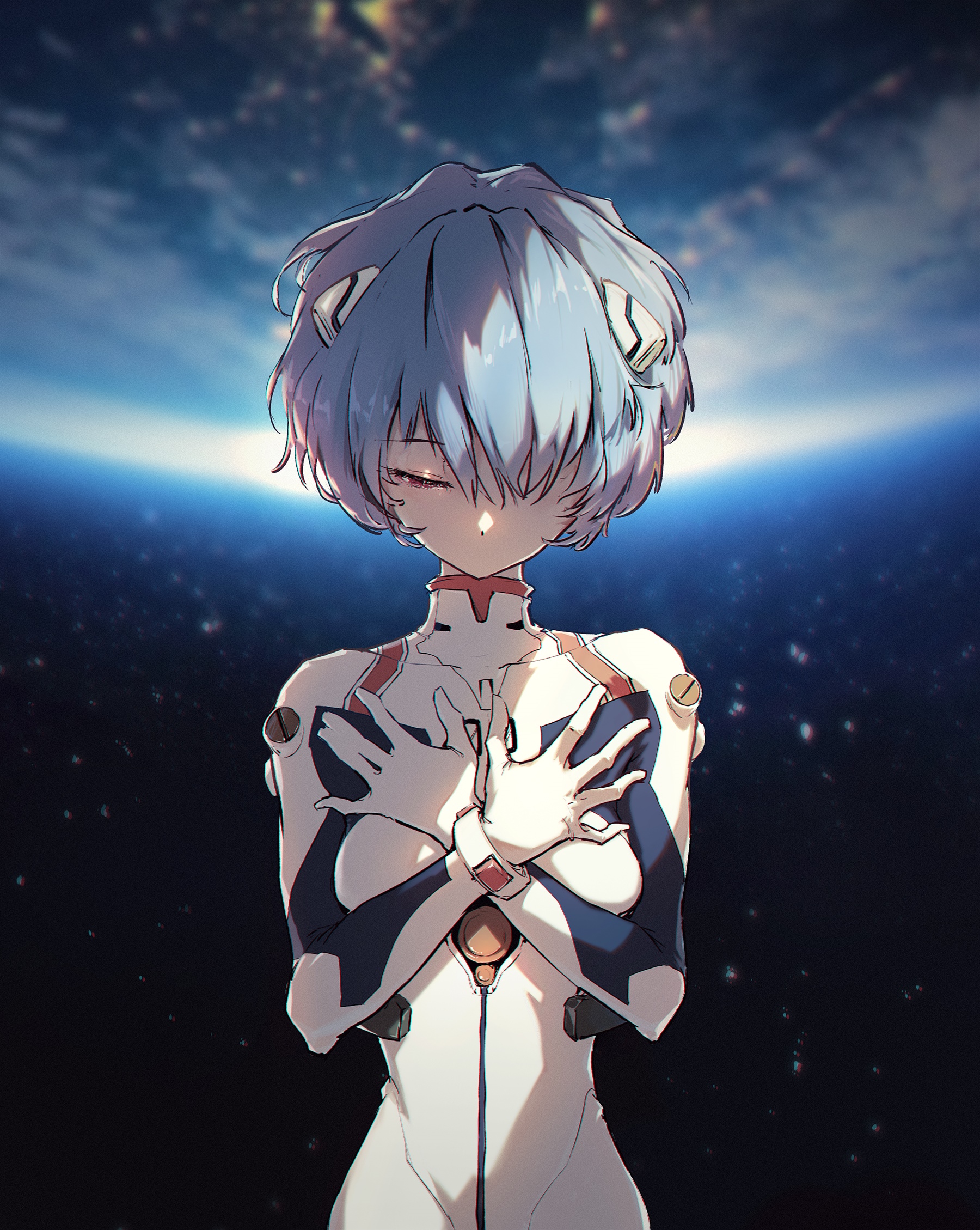 Rei Ayanami in a white bodysuit against Earth HD Phone Wallpaper