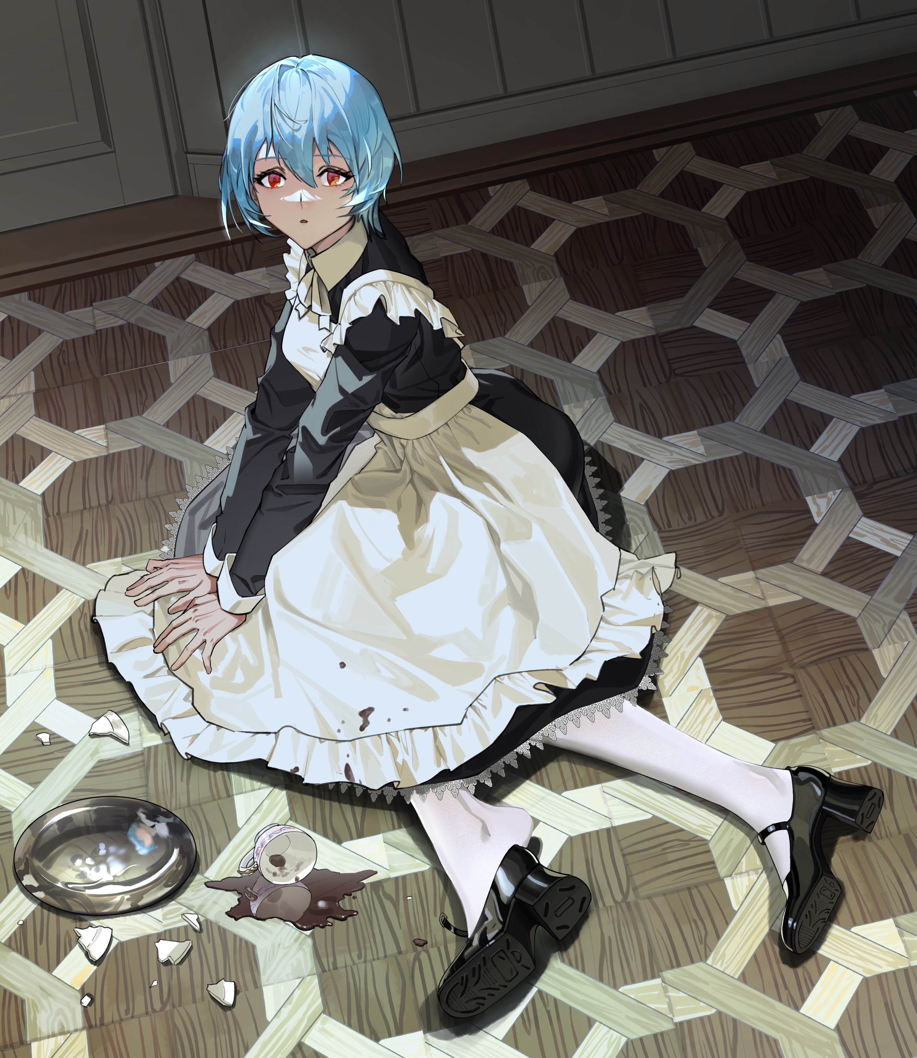 Ayanami Rei in a Maid Outfit with Broken Dishes HD Phone Wallpaper