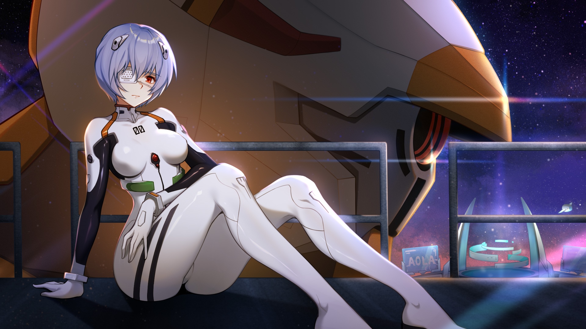 Rei Ayanami in a white plugsuit with a giant robot HD Wallpaper