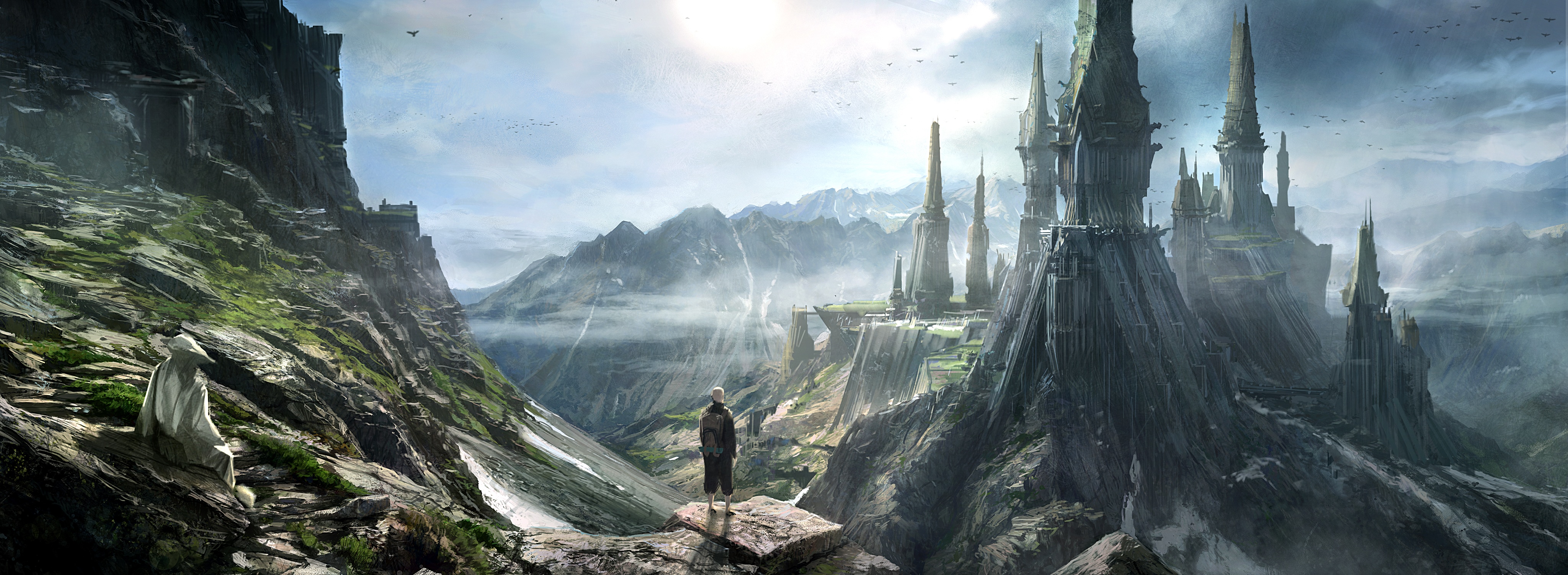 Fantasy castle in mountains with birds and people HD Wallpaper