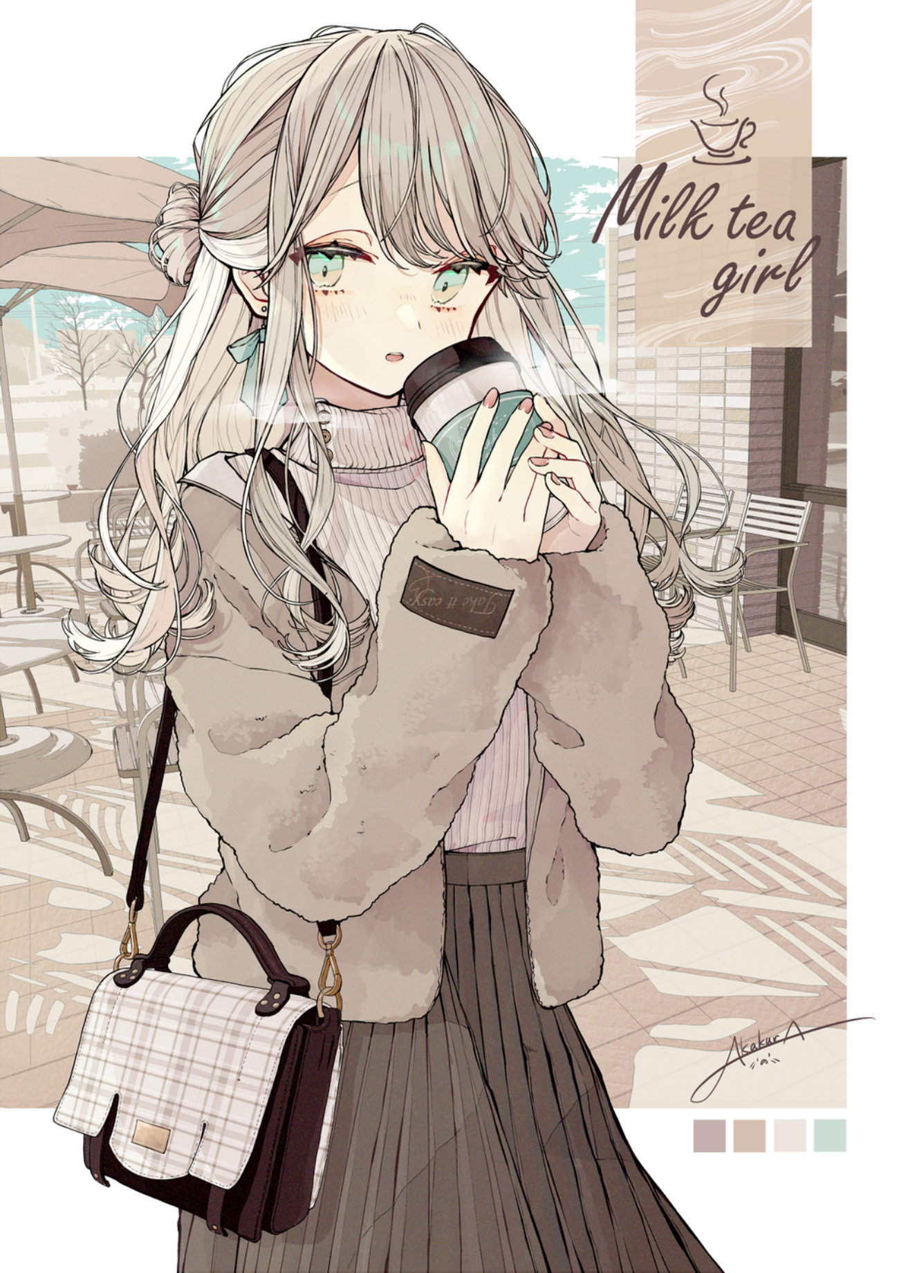 Milk tea girl with a purse and a drink HD Phone Wallpaper