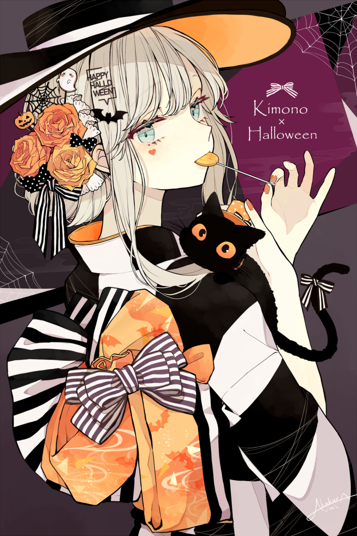 Anime Girl in Kimono with Cat and Halloween Decorations HD Phone Wallpaper