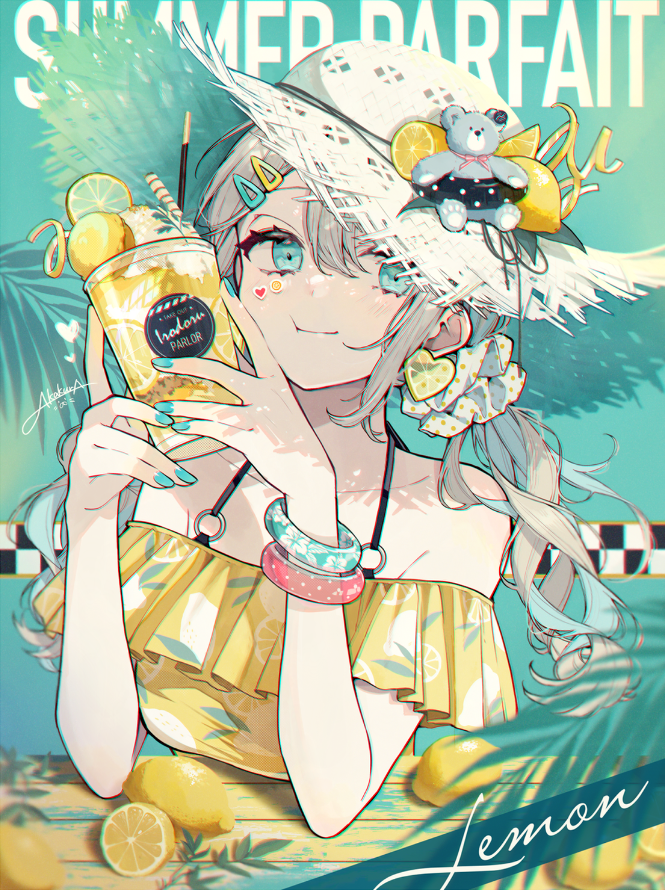 Anime girl with a lemon parfait and straw hat HD Phone Wallpaper