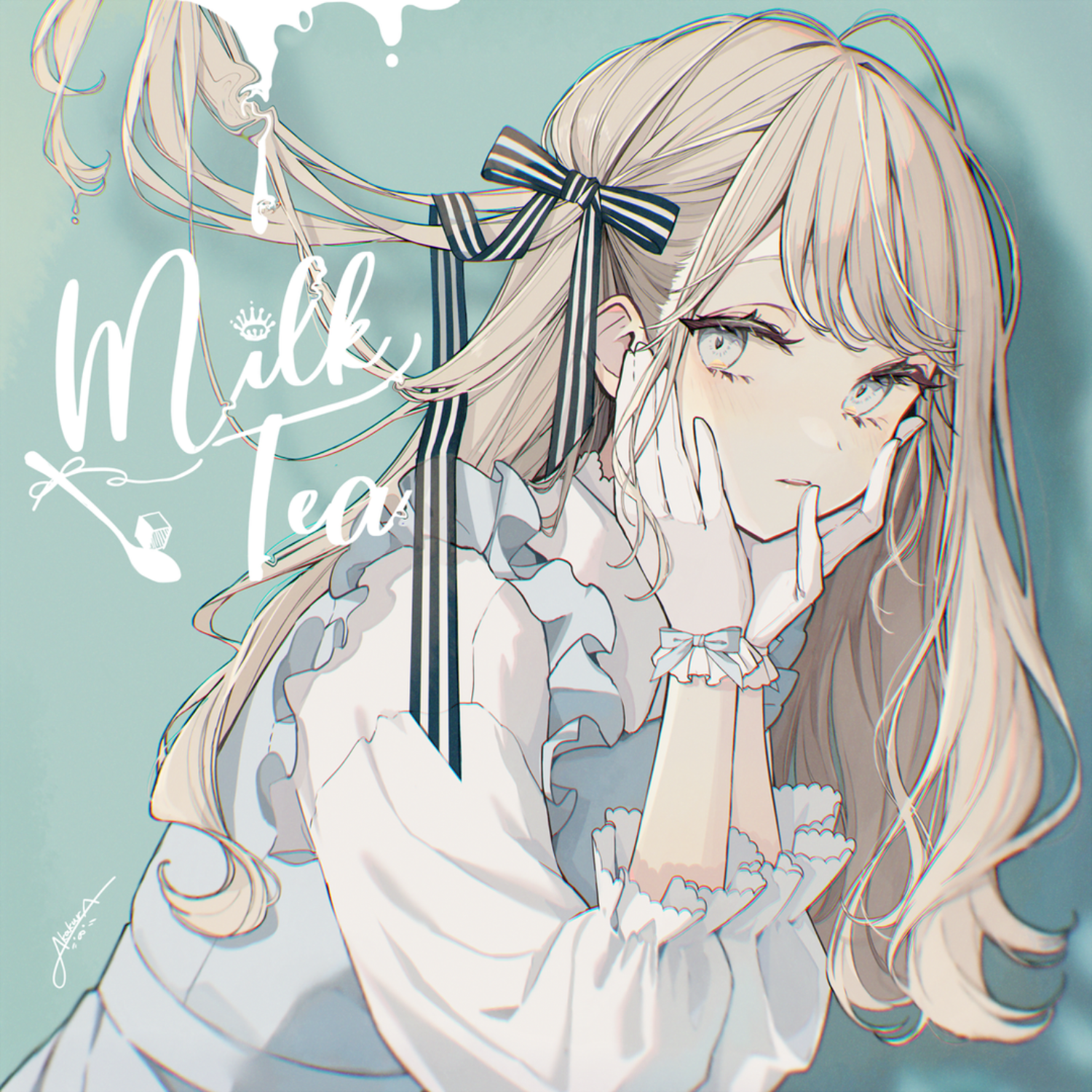 Anime girl with blonde hair and blue ribbon HD Wallpaper