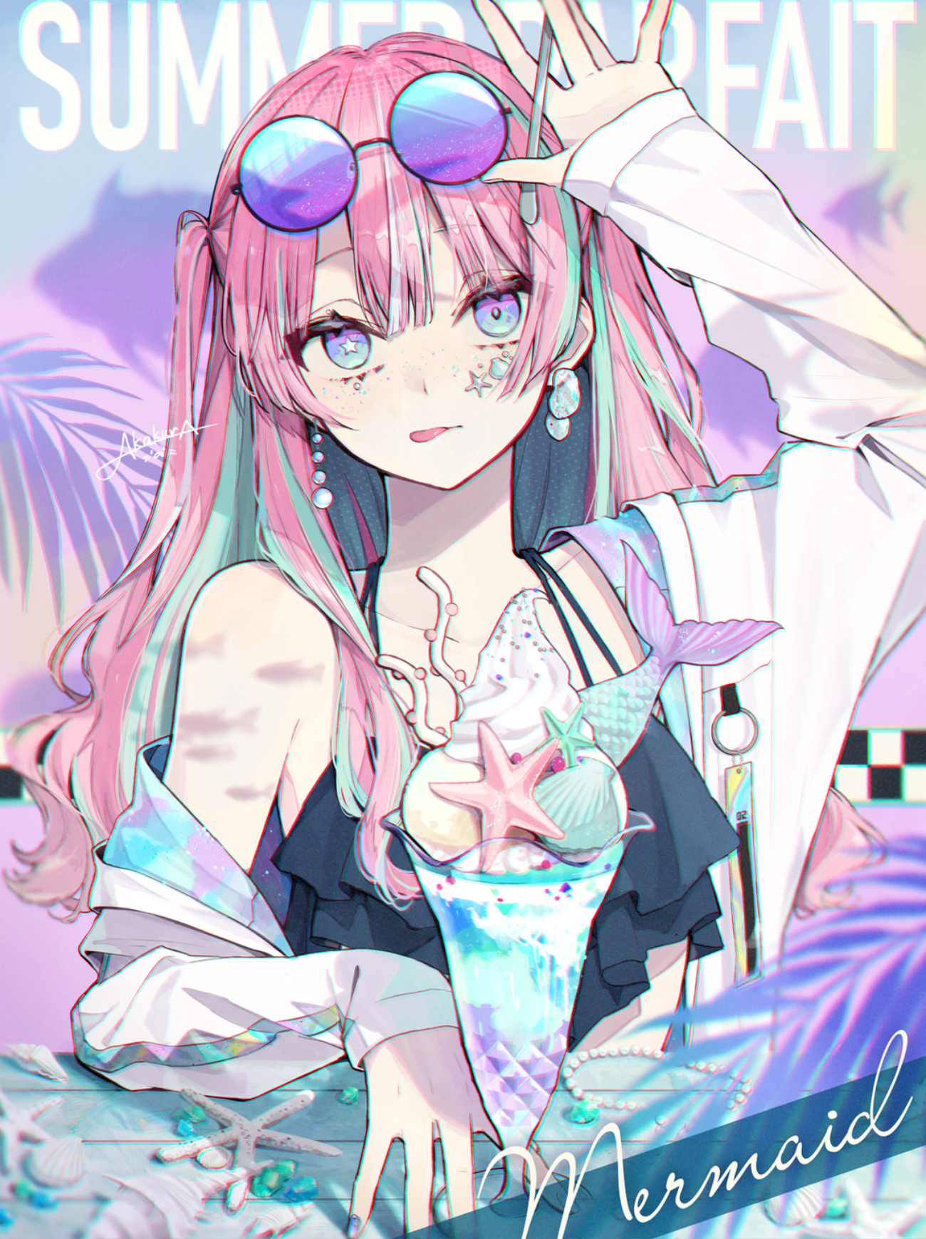 Anime girl with pink and blue hair and sunglasses HD Phone Wallpaper