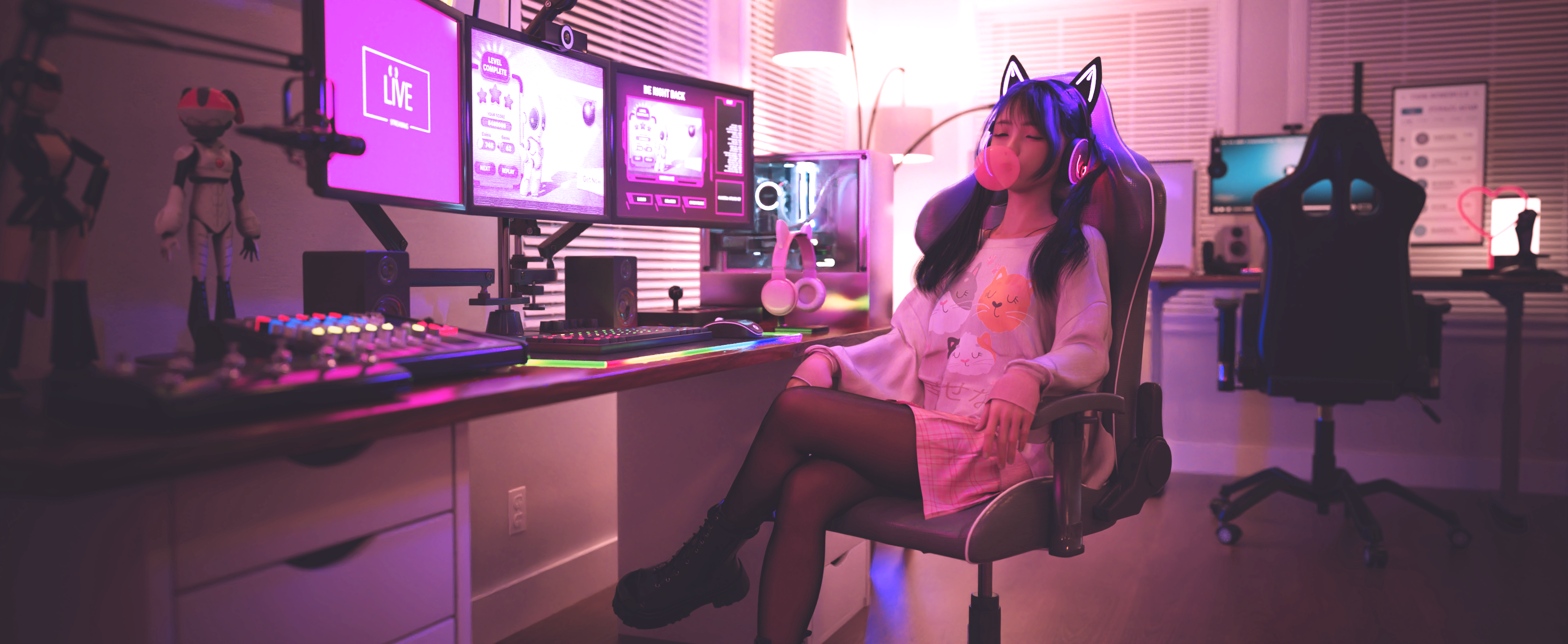Asian woman with cat ears and headphones playing computer HD Wallpaper