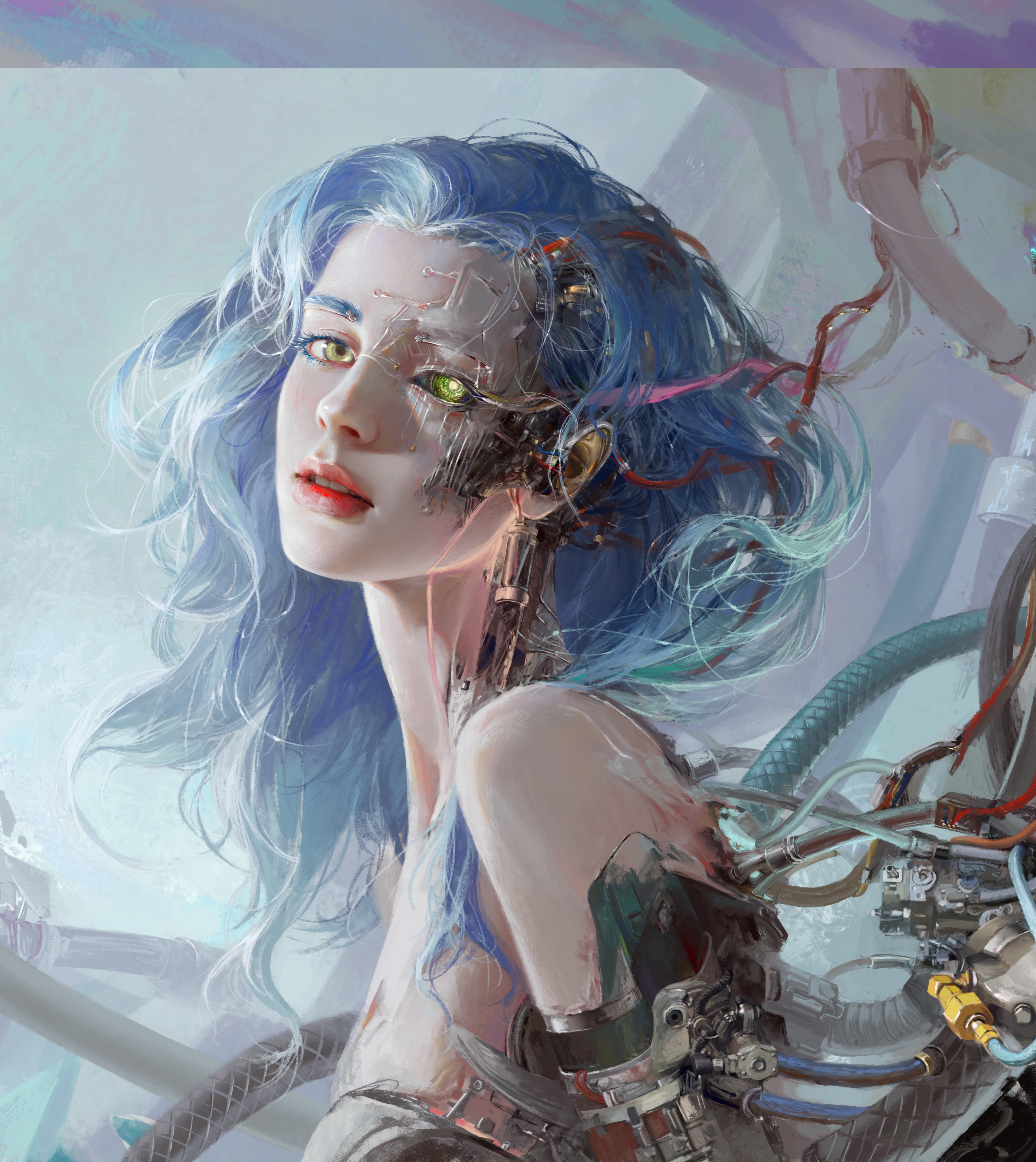 Fantasy cyborg girl with blue hair and mechanical parts HD Phone Wallpaper
