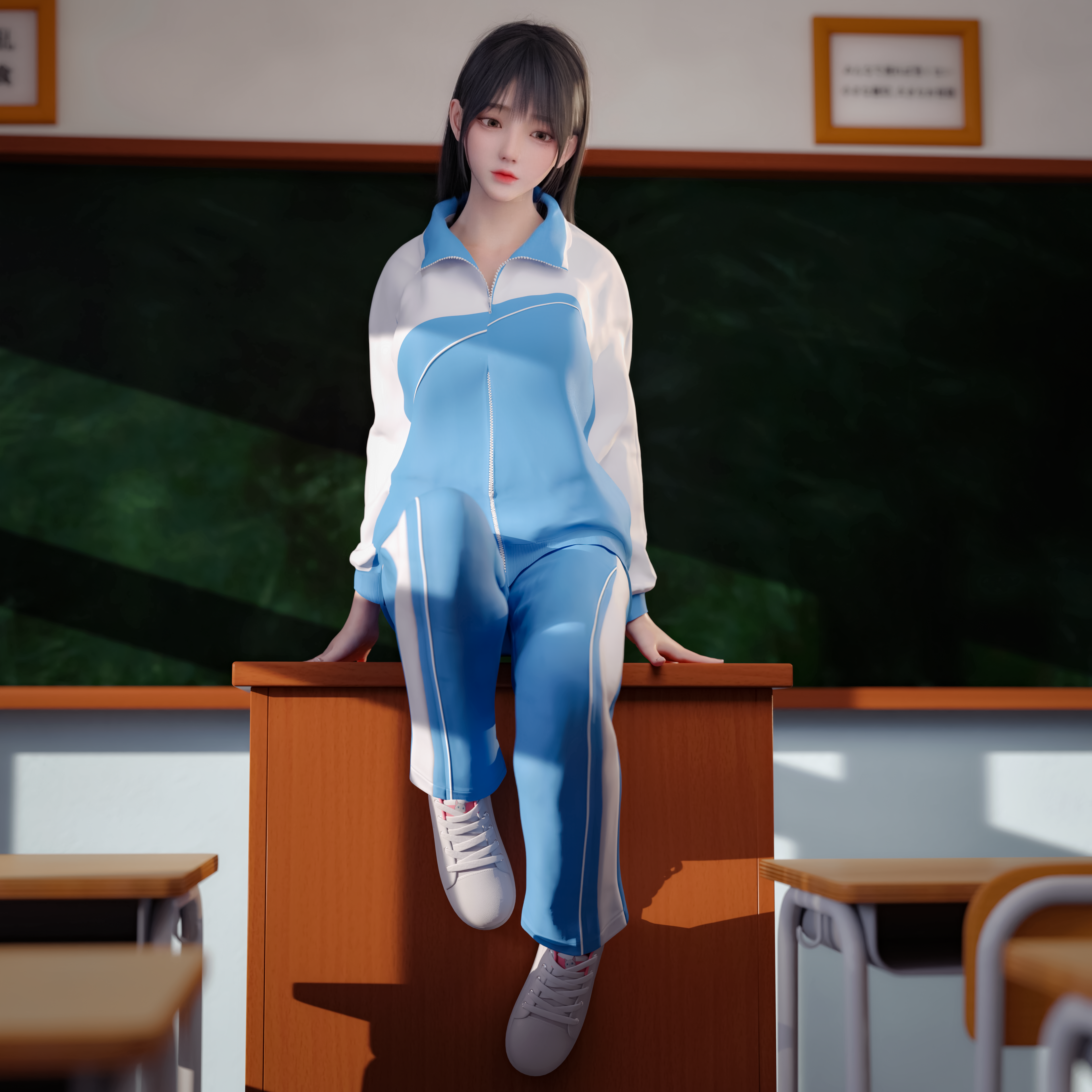 4K Asian girl in school uniform sitting on desk HD Wallpaper