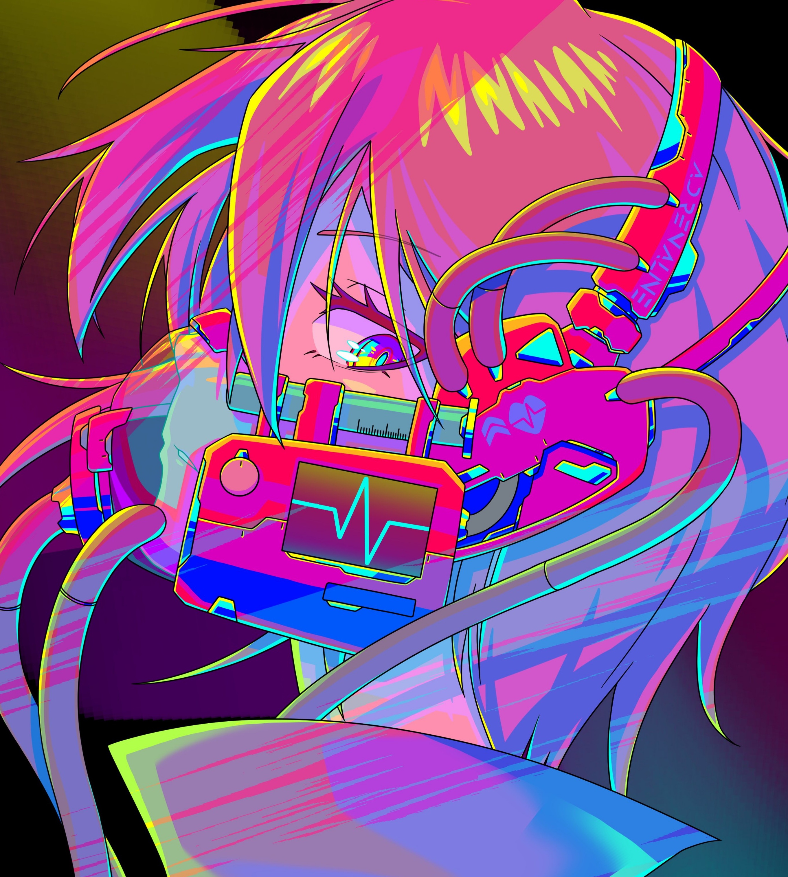 Anime girl with colorful mask and wires HD Phone Wallpaper
