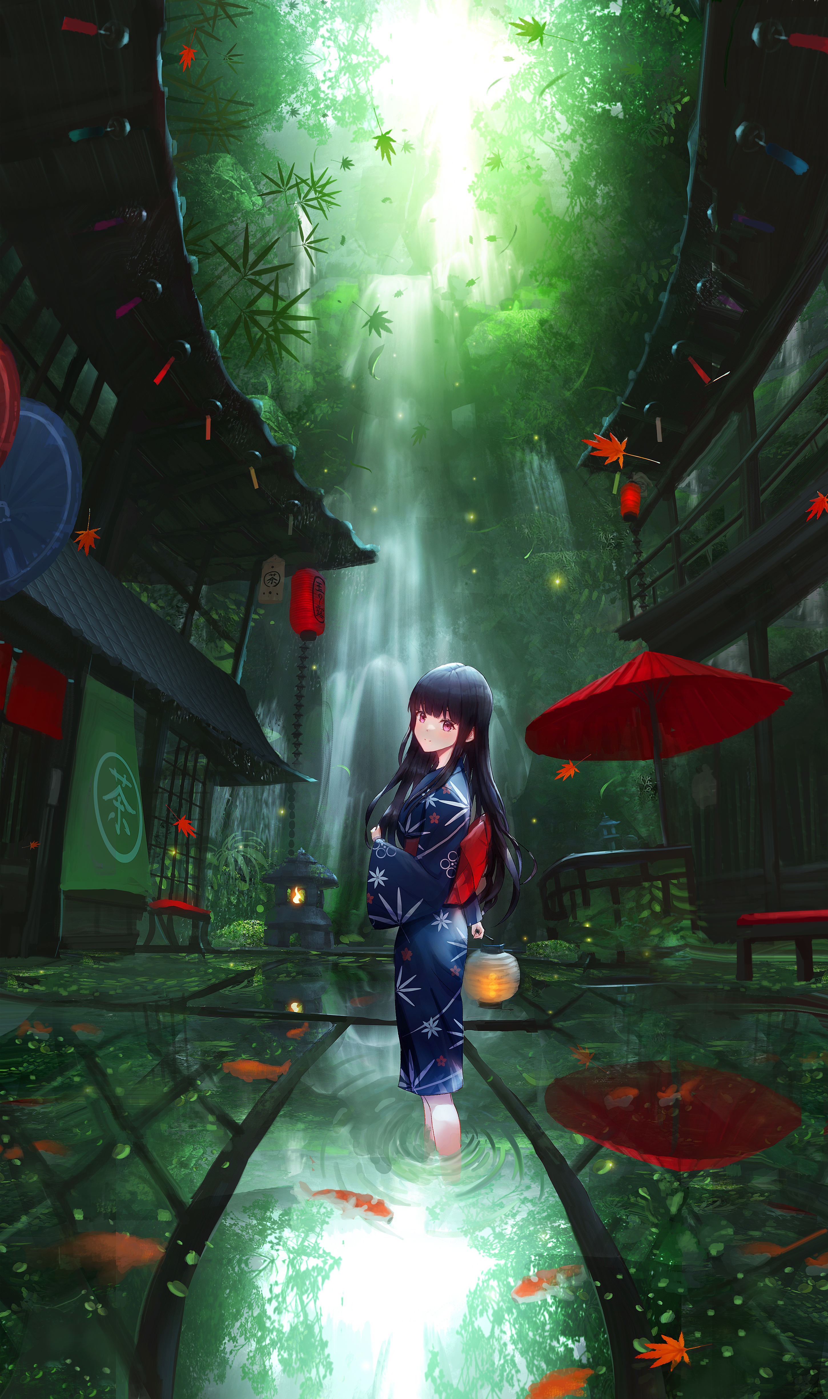 Anime girl in yukata by waterfall with koi pond HD Phone Wallpaper