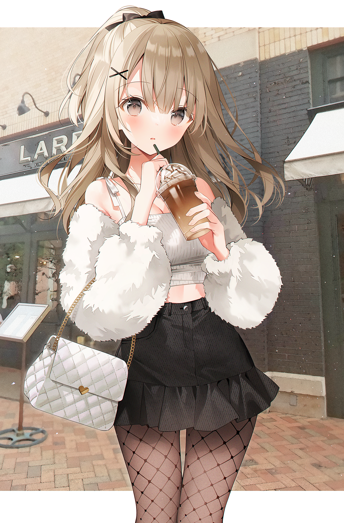 Anime girl with drink and purse HD Phone Wallpaper
