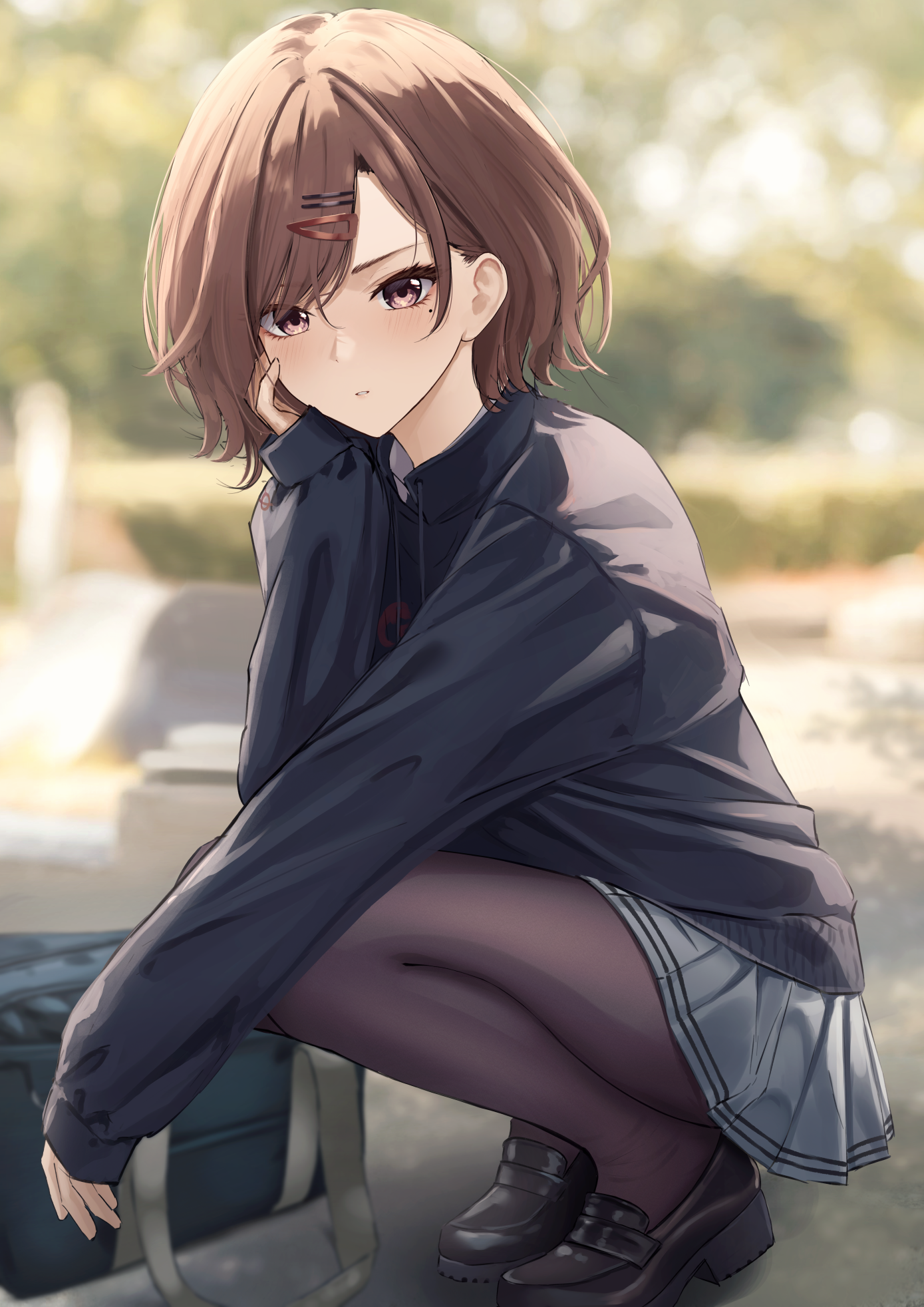 Schoolgirl squatting with a bag HD Phone Wallpaper