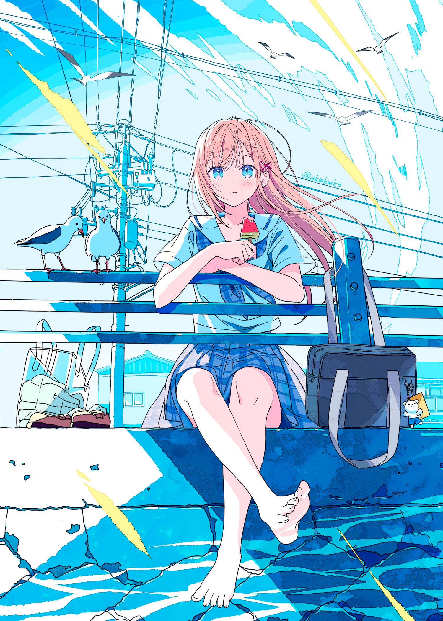 Schoolgirl with pink hair eating popsicle by the sea HD Phone Wallpaper