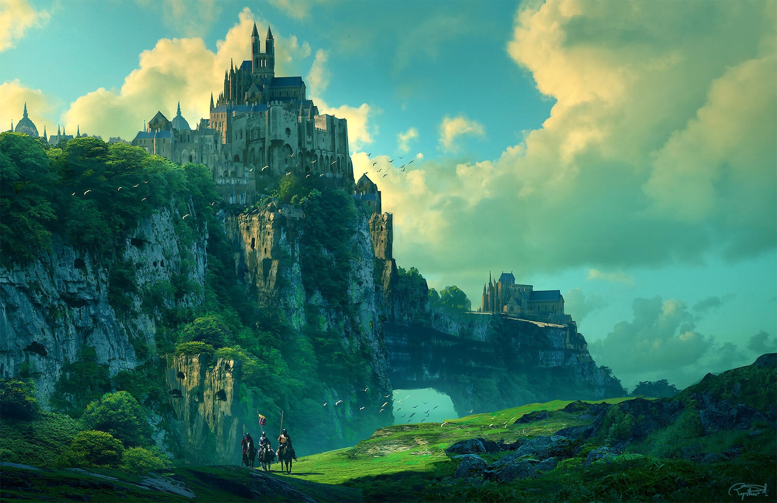 Fantasy castle on a cliff by Raphael Lacoste HD Wallpaper