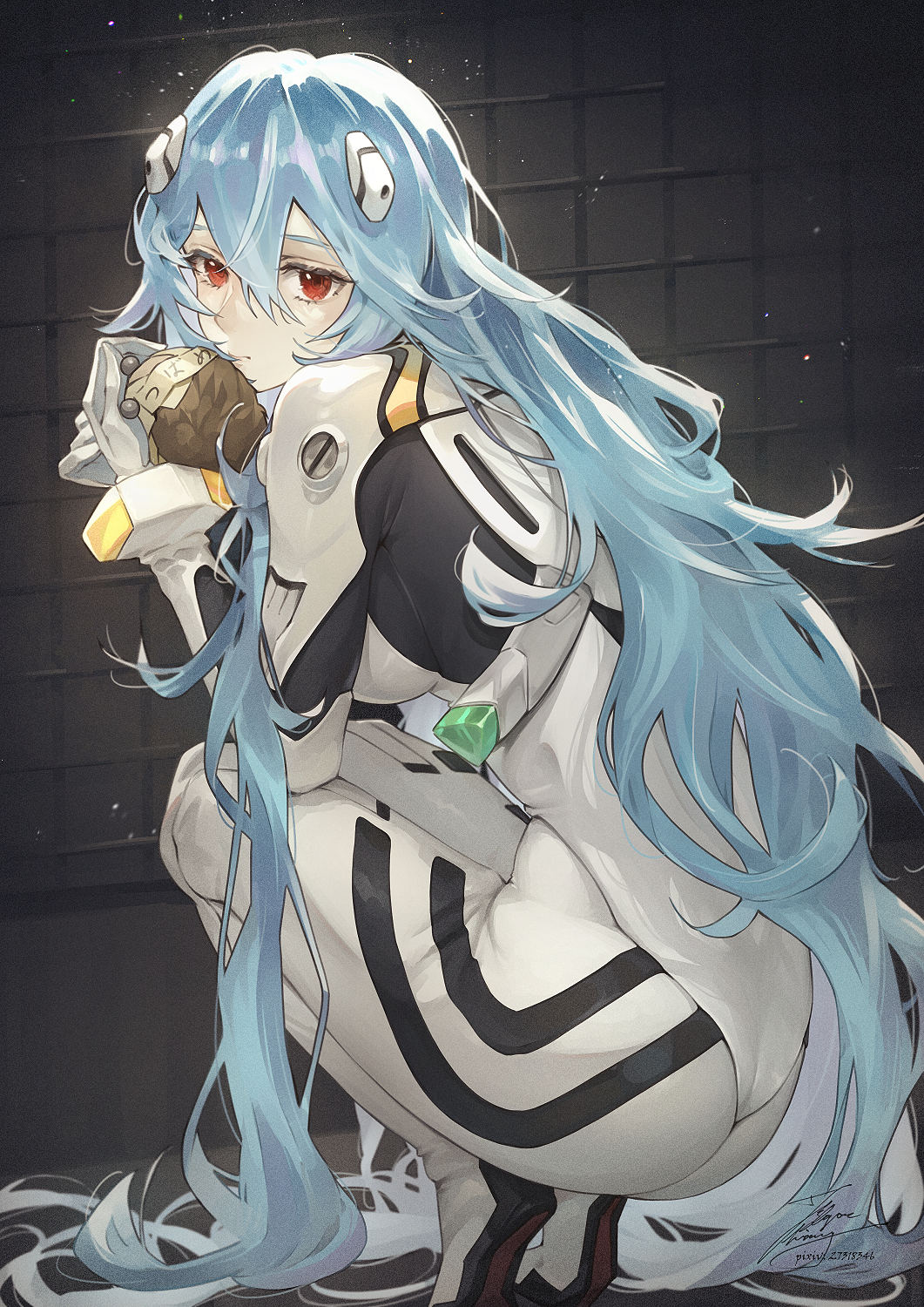 Ayanami Rei in a white bodysuit holding a plush toy HD Phone Wallpaper