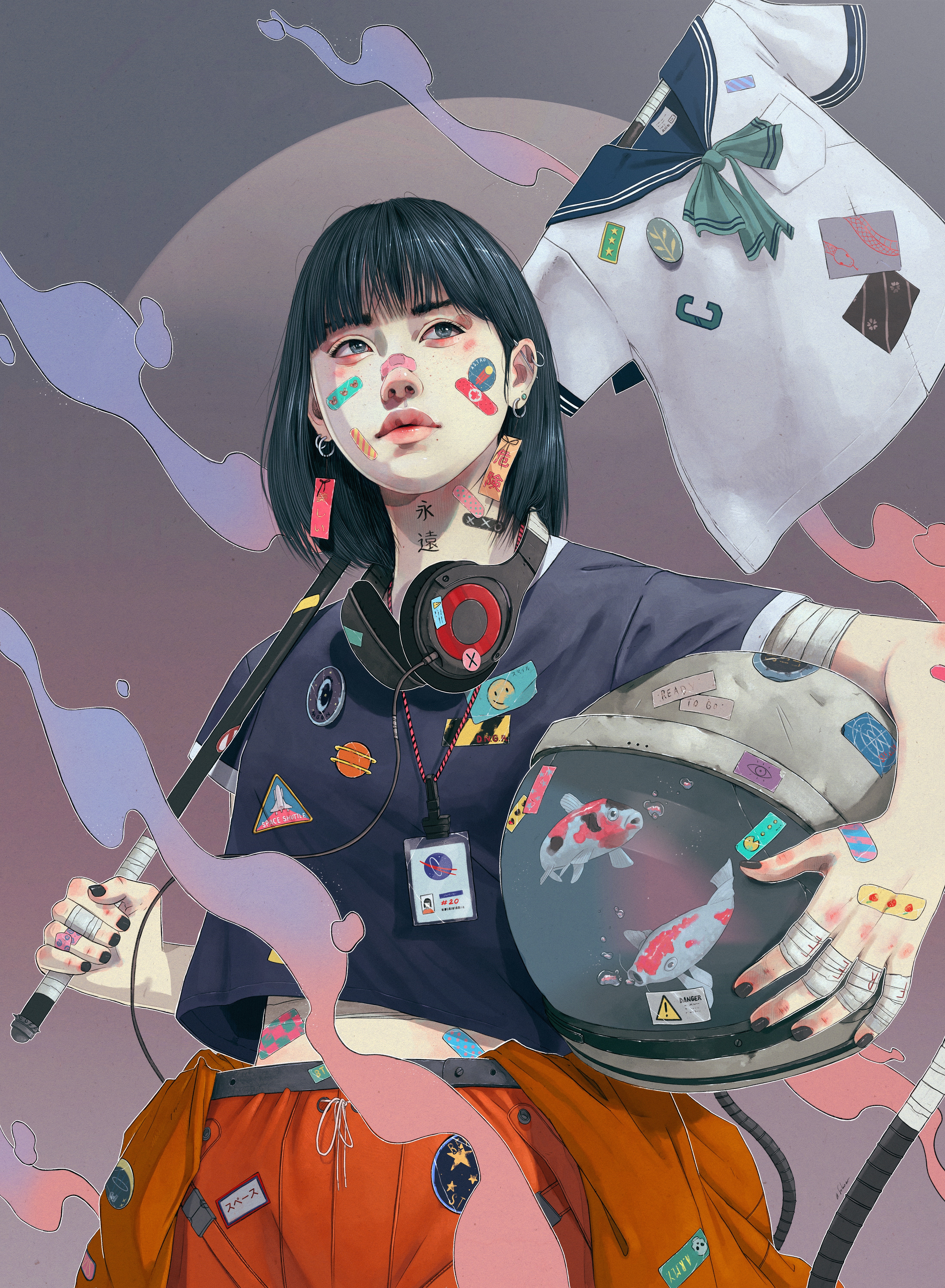 Asian woman with headphones and helmet illustration HD Phone Wallpaper
