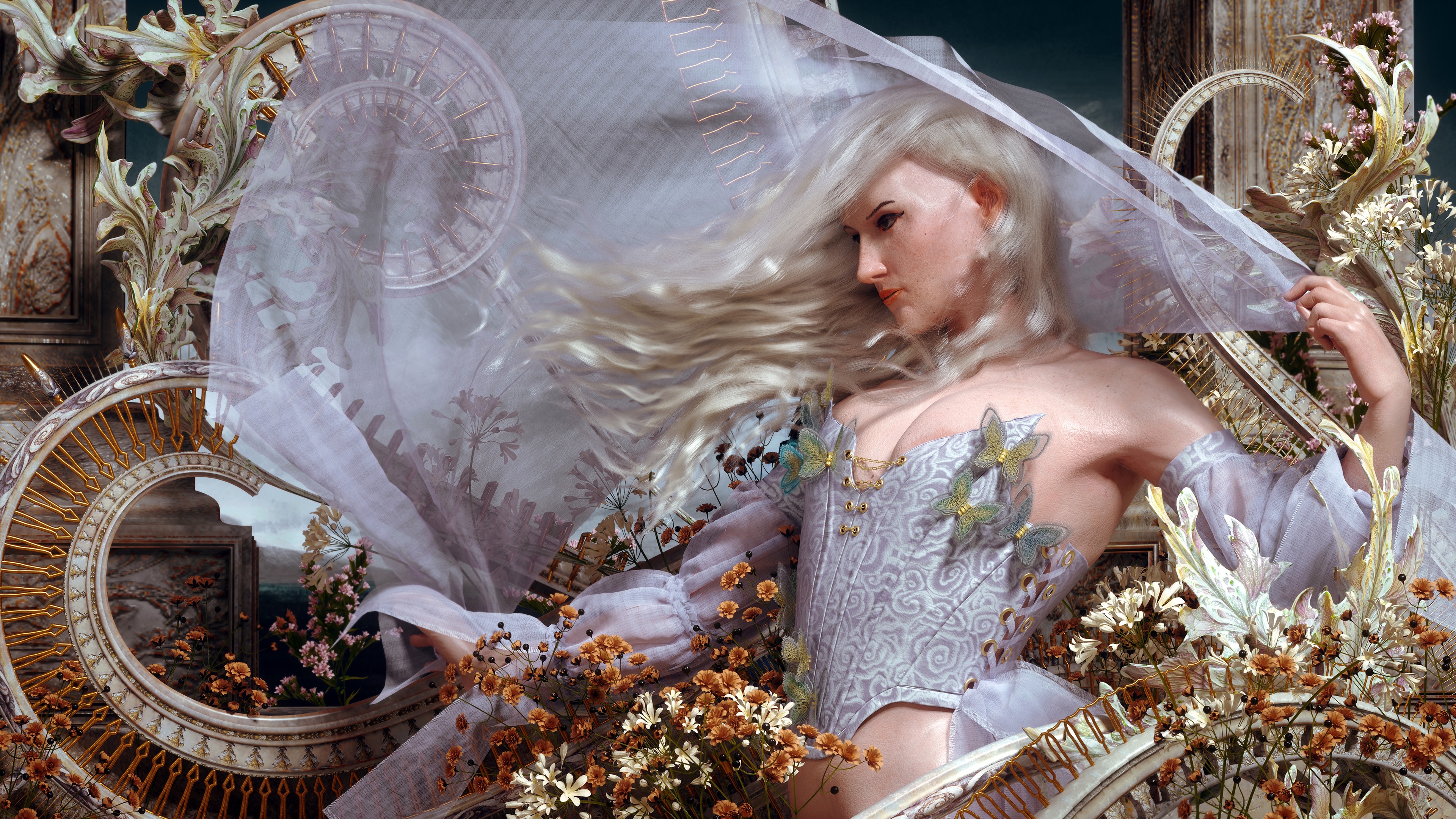 Fantasy art of a blonde woman in a corset with flowers HD Wallpaper