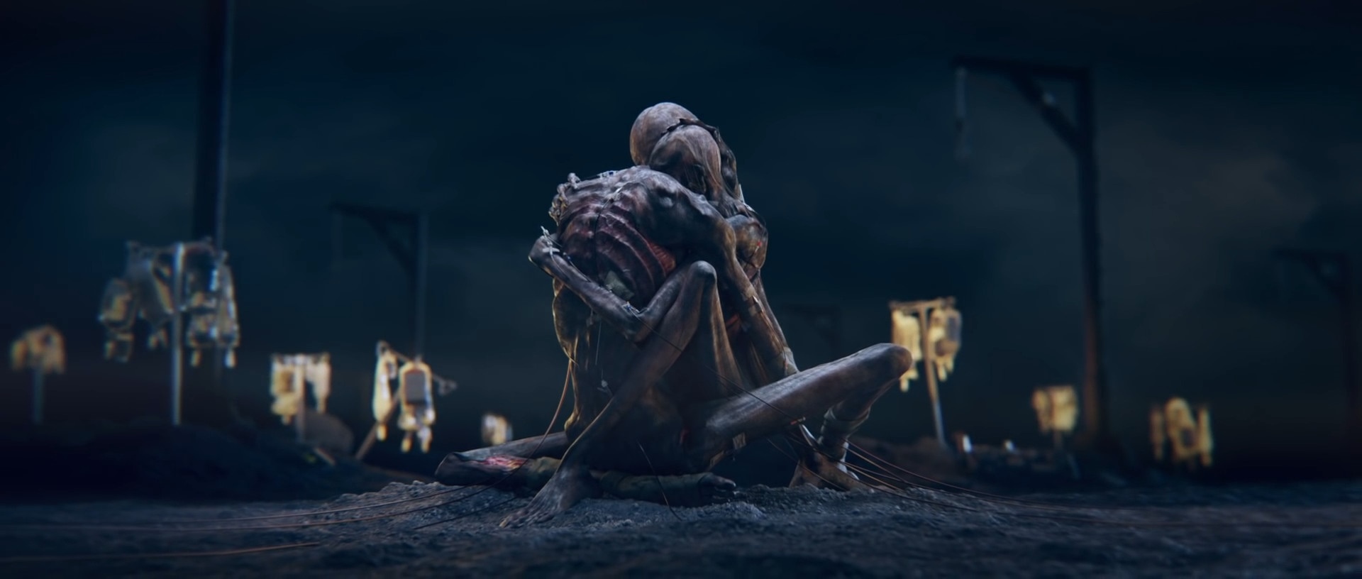 Two skeletal figures embracing in a desolate landscape HD Wallpaper
