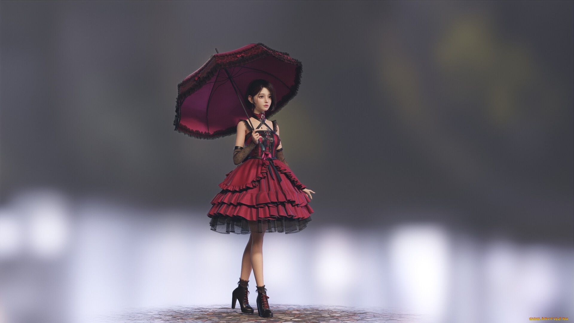 Gothic Lolita woman in red dress holding umbrella HD Wallpaper