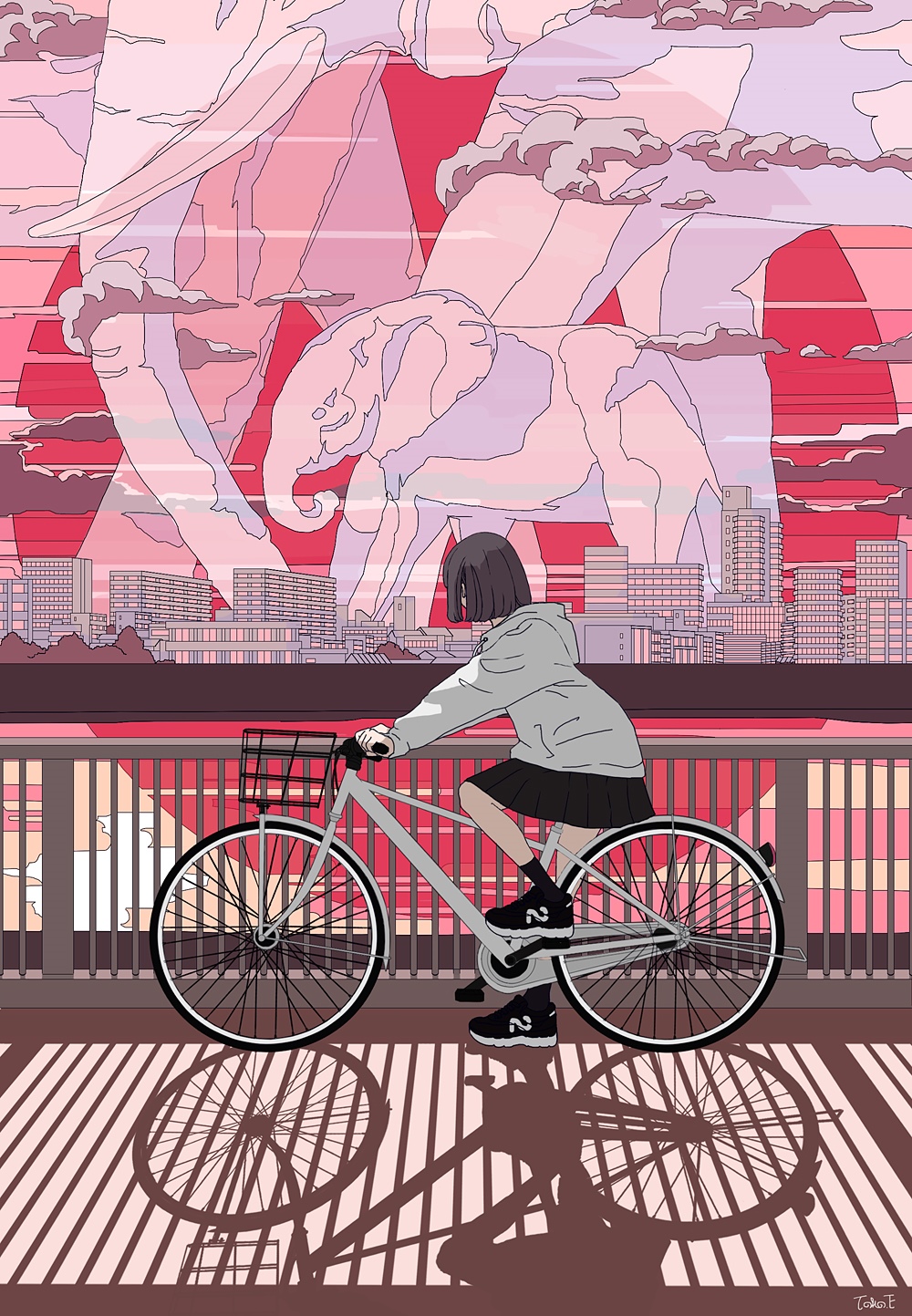 Girl riding a bicycle with elephants in the sky HD Phone Wallpaper